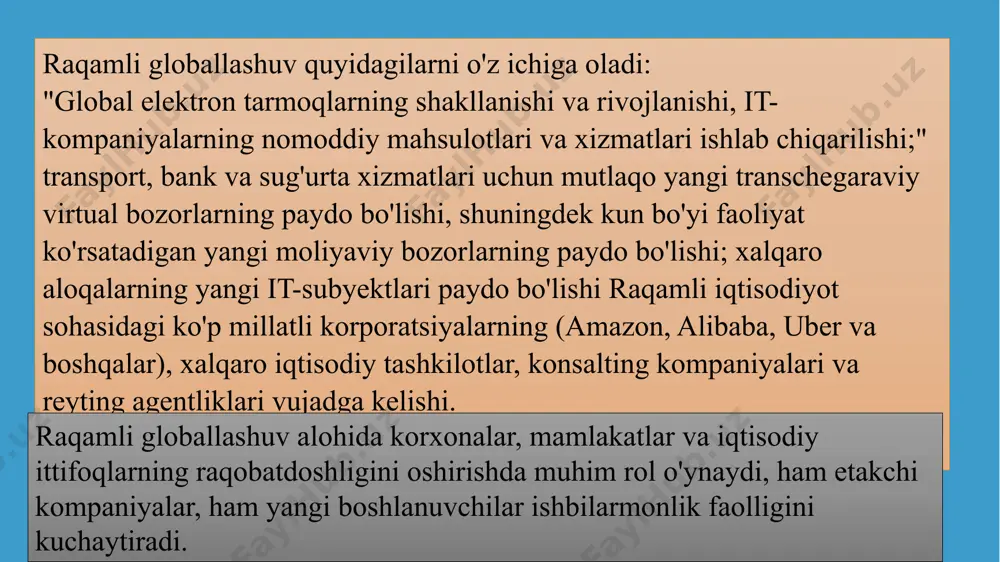 larga ega. ularning umumiy jihati shundaki, ular alohida-alohida funksiyalarni bajaradilar. raqamli platforma - bu raqamli o'zaro ta'sirning o'ziga xos va ixtisoslashgan tizimini yaratish uchun asos sifatida foydalaniladigan texnologiyalar guruhi. raqamli platforma - bu ikki yoki undan ortiq o'zaro bog'liq bo'lgan ishtirokchilar guruhlari o'rtasida almashinuvni osonlashtirish orqali qiymat yaratadigan yuqori texnologiyali biznes modeli raqamli platforma - bu uchinchi tomon ishlab chiqaruvchilari va iste'molchilari o'rtasidagi o'zaro manfaatli o'zaro aloqalarni ta'minlovchi, ishtirokchilar uchun ochiq infratuzilmani ta'minlaydigan va yangi qoidalarni belgilaydigan korxona [jeffri parker, sanjit chaoudari, 2016] amazon veb-xizmatlari (aws) platformasi dasturiy ta’minotni ishlab chiqaruvchilarga turli sohalarda tijorat dasturlarini yaratish va joylashtirish uchun vositalar (mashinali o‘qitish, bulutli hisoblash, mobil texnologiyalar, narsalar interneti va boshqalar) larni taklif etadi. amazon (362 milliard dollarlik kapitallashuv) onlayn supermarket sifatida ish boshlagan, ammo hozirda kompaniyalarga ma’lumotlarni saqlash, ma’lumotlarni qayta ishlash, hisoblash resurslari bilan ta’minlash, ma’lumotlar va xabar almashish kabi ko‘plab xizmatlar va hokazolarni o‘z ichiga olgan bulutli it infratuzilmasini …