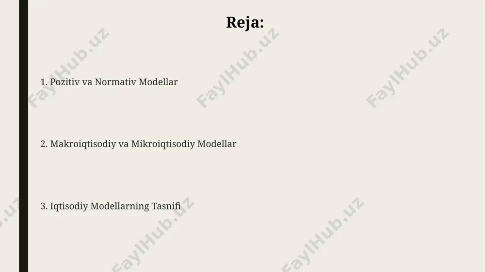 tni taxmin qilmaydi. iqtisodiy modellarni tasniflashga kirish mikro va makroiqtisodiy modellarning farqi, ularning tahlil qilish darajasida - birinchi individual agentlarni, ikkinchisi esa butun iqtisodiyotni o'rganadi. iqtisodiy modellarning asosiy 3 turi – pozitiv, normativ va ekonometrik modellardan iborat bo‘lib, ularning har biri o‘ziga xos maqsad va metodlarga ega. modellarning murakkabligi 1-darajali oddiy funksiyalardan tortib, 1000 dan ortiq o‘zgaruvchiga ega murakkab dinamik tizimlargacha farq qilishi mumkin. statik va dinamik modellar dinamik modellar esa, o'zgaruvchilarning vaqt davomida qanday o'zgarishini ko'rsatadi, masalan, 5 yillik davr ichida inflyatsiya darajasini bashorat qilishda vaqt seriyalari tahlili qo'llaniladi. statik modellar oddiyroq bo'lsa-da, dinamik modellar murakkabroq va ko'proq parametrlarni o'z ichiga oladi, masalan, 10 ta o'zgaruvchini bir vaqtning o'zida hisobga olish mumkin. statik modellar vaqt o'tishi bilan o'zgarmaydigan o'zgaruvchilarni o'rganadi, masalan, 2023-yilgi yalpi ichki mahsulotni modellashtirishda, vaqt omili hisobga olinmaydi. mikroiqtisodiy va makroiqtisodiy modellar mikroiqtisodiy modellarning 2 ta asosiy turi – muvozanat va nomuvozanat modellari boʻlib, ular iqtisodiy agentlarning …