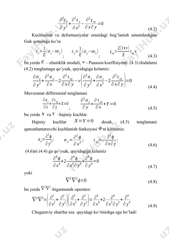 li hosilalarni tekis masala uchun o’rinli bigarmonik tenglama (4.7) ga qo’yamiz: . berilgan funksiya tekis masala yechimi bo’ladi. 2. kuchlanishlarni aniqlaymiz. shartga ko’ra: =0; =0. 3. kuchlanishlar epyuralarini quramiz . a) =1 kesim uchun. (to’g’ri chiziq tenglamasi). bo’lganada . , (kvadratik parabola tenglamasi). bo’lganda bo’lganda hol uchun y ni qiymatini topamiz: b) =0,2 kesimda. (to’g’ri chiziq). va (kvadratik parobola). va hol uchun x ni qiymanini topamiz: aniqlangan holatlar asosida kuchlanishlar epyuralarini quramiz: 4. sirt kuchlarini plastinka hamma tomonlari uchun aniqlaymiz va epuyralarini quramiz. chap tomonda. tenglamasi: =0. tashqi normalni koordinata o’qlari bilan hosil qilgan burchaklarini koordinata o’qlari musbat yo’nalishi bilan soat strelkasiga qarama-qarshi yo’nalishda burilgan holda hisoblaymiz. bu tomonda x oqiga parallel kuch yo’q. (parabola). va 4.4-rasm. kuchlanishlar epyurasi. o’ng tomonda: ( to’g’ri chiziq). va yuqori tomonda: ( kvadratik parobola). va hol uchun y ni qiymatini topamiz ( to’g’ri chiziq ). va 4.5-rasm. sirt kuchlari epyurasi pastki tomonda: ( kvadratik …