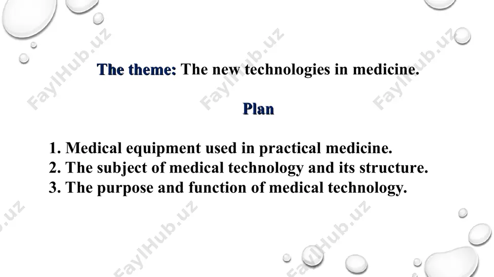 nd devices; 5. sterilization, disinfection and distillation equipment; 6. devices for anesthesia, artificial respiration and oxygen therapy; * 7. equipment of doctors' rooms and operating rooms; 8. equipment of dentist's rooms; 9. electromedical equipment and devices; 10. x-ray devices and equipment; 11. ophthalmological devices, accessories and optics with glasses; 12: accessories and apparatus for equipping medical laboratories; 13. radiological, diagnostic and therapeutic technique; 14. orthopedic products; 15. x-ray tubes; 16. mobile medical clinics and laboratories. the subject of medical technology and its structure medical technique - preventive, diagnostic and treatment in medicine purposes, as well as sanitary - hygienic and anti-epidemic measure - is a set of technical means used in the execution of the event. the development of medical equipment, new models of medical equipment with the development of science and technology that made it possible is closely related. emergence of new directions in diagnostics and treatment boitreatment - …