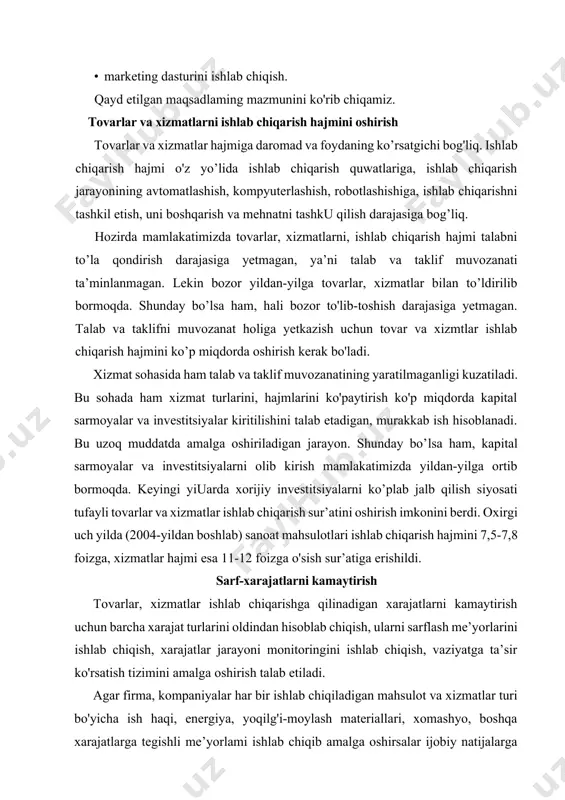 hli me’yorlami ishlab chiqib amalga oshirsalar ijobiy natijalarga erishishlari mumkin. har bir firma, kompaniyaning strategik vazifasi bo'lib ishlab chiqarish xarajatlarini rejalashtirish, ularni hisobga olish hisoblanadi. xarajatlarni moddalar bo'yicha monitoring olib borish maqsadga muvofiqdir. xarajatlarni har bir modda bo'yicha belgilangan me’yordan oshib ketish sabablari aniqlanib borishi lozim. tahlillar shuni ko'rsatmoqdaki, o'zbekistonda faoliyat ko’rsatayotgan firma, kompaniyalarda bir birlik mahsulotga sarflanadigan ish haqi, materiallar, yoqilg'i, energiya sarfi xorijiy kompaniyalarga qaraganda bimiuncha yuqori bo'lib, mahsulot sifati ancha past. kam xarajat bilan yuqori sifatli, raqobatbardosh mahsulot va xizmatlarni ishlab chiqib, iste’molchilaiga taklif qilish marketingning eng muhim strategiyalardan biri hisoblanadi. foydani oshirish foydani oshirish asosan ishlab chiqarish hajmiga, sarf-xarajatlarga, mahsulot sifati va bahosiga, ishlab chiqarish quwatlaridan foydalanish intensivligiga bog'liq. o'zbekistondagi firma, kompaniyalarda mahsulot sifatini oshirish va xarajatlarni kamaytirish imkoniyatlari katta. foyda sotuv sur’atlari kamaygan hollarda ham pasayib boradi. shuning uchun sotuv hajmi va sur’atini har kuni tahlil qilib borish lozim. sotuv hajmi kamayib borishi kuzatilsa, zudlik …