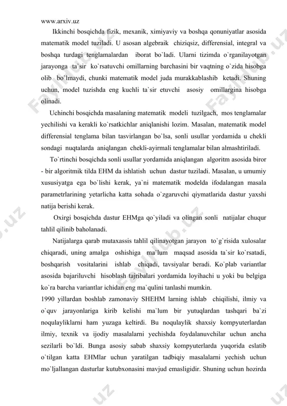 ni olishi mumkin. bu modul - dasturlar aniq bir masalani yechishga mo`ljallangan bo`ladi. unga beriladigan va undan olinadigan ma`lumotlar tiplari, ko`rinishlari oldindan aniqlanib qo`yiladi. modul-dastur protsedura yoki protsedura-funksiya ko`rinishida aniqlanilib olinib kompilyatsiya qilinadi va foydalanuvchi yaratayotgan umumiy dasturning bosh qismida unit faylari ro`yhatiga kiritilib qo`yiladi. (biz dasturlash tili sifatida paskal tilidan foydalanganligimiz uchun barcha ko`rsatmalar shu tilga nisbatan aytiladi). shunday qilib dasturchi o`zining dasturlar kutubxonasiga ega bo`ladi va bu dasturlardan istalgan masalani yechish dasturida foydalanishi mumkin. adb ni menyu prinsipida ishlashini tashkil etish dasturdan foydalanish unumdorligini keskin orttiradi. bu holda asosiy menyuga yechiladigan masalalar sinfi ko`rsatilsa (2-rasm) menyu osti menyusida esa mos ravishda masalalarni yechish usullari tanlanadi (3-rasm). 2-расм yechish usullari menyusiga zarur bo`lgan usul tanlanganda shu usulda mos kompilyatsiya qilingan fayl o`z ishini davom ettiradi. bu fayl standart holatda modulli prinsipda tuzilgan ishchi dasturni o`z ichiga oladi. faylni ishlashi uchun zarur ma`lumotlar berilgach, masalaning natijalari kompyuter ekraniga, printerga yoki …