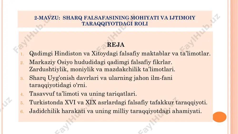 lahalar yasash taraqqiy etgan. abu rayhon beruniyning «hindiston» asarida yozilishicha, eramizning birinchi asrlaridayoq hindistonda tibbiyot, riyoziyot, ilmi nujum, kimyo, musiqa, poeziya, tarix, san‘at va falsafaga oid bilimlar keng rivojlangan bo‗lgan. ayniqsa, noyob tabiatga, sahiy zaminga, ajoyib nabotot va hayvonot olamiga boy bo‗lgan qadimgi hindistonda madaniyat va san‘atga oid, diniy, falsafiy qarashlar keng rivojlangan. hind falsafasi taraqqiyotdagi epik davr deb ataladigan bosqich eradan oldingi vi asrdan boshlanadi. bu vaqtda hind jamiyatida muhim o`zgarishlar yuz berib, dehqonchilik va hunarmandchilik rivojlanadi, ijtimoiy tarmoqlanish kengaya boradi, qabilaviy hokimiyatchilikka asoslangan siyosiy boshqaruv o`z ta‘sirini yo`qotadi, monarxiya hukmronligi kuchayadi. hindistonda falsafagacha bo‘lgan fikrlar uchta manbada mujassamlashgan: vedalar mahabhorat bxagadvita qadimgi hind falsafasi shakllanish davri to‘rtga bo‘linadi: vedalar davri (er.avv.1500 – 600 y.). bu davr oriylarning joylashishi va ular madaniyatining yoyilishi, ―o‗rmondagi universitetlar‖ning paydo bo‗lishi davri (er.avv. 600- 200y.) – ilk upanishaddan darshanlar yoki falsafiy sistemalargacha bo‗lgan davr. bu davrda buddizm, jaynizm va boshqa ko‗plab diniy ta‘limotlar …