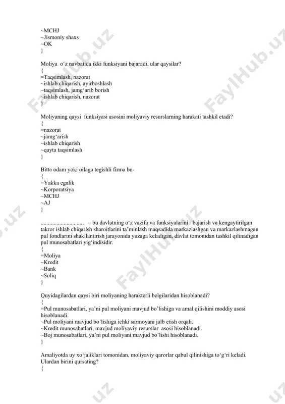 i ta’minlash maqsadida markazlashgan va markazlashmagan pul fondlarini shakllantirish jarayonida yuzaga keladigan, davlat tomonidan tashkil qilinadigan pul munosabatlari yig‘indisidir. { =moliya ~kredit ~bank ~soliq } quyidagilardan qaysi biri moliyaning harakterli belgilaridan hisoblanadi? { =pul munosabatlari, ya’ni pul moliyani mavjud bo’lishiga va amal qilishini moddiy asosi hisoblanadi. ~pul moliyani mavjud bo’lishiga ichki sarmoyani jalb etish orqali. ~kredit munosabatlari, mavjud moliyaviy resurslar asosi hisoblanadi. ~boj munosabatlari, ya’ni pul moliyani mavjud bo’lishi hisoblanadi. } amaliyotda uy xo‘jaliklari tomonidan, moliyaviy qarorlar qabul qilinishiga to‘g‘ri keladi. ulardan birini qursating? { =moliyalashtirish to‘g‘risida qarorlar ~sug‘urtalashtirish to‘g‘risidagi qarorlar ~sog‘lamlashtirish to‘g‘risidagi qarorlar ~tashkillashtirish to‘g‘risidagi qarorlar } quyidagilardan qaysi biri moliyaviy siyosatning tarkibiy qismiga kirmaydi? { =inflyatsion siyosat ~kredit siyosati ~ijtimoiy-moliyaviy siyosat ~byudjet-soliq siyosati } soliq siyosatining asosiy vazifasi nimalardan iborat? { =soliq yukini kamaytirish ~soliqlarni byudjetdagi ulushini kamaytirish ~soliq imtiyozlarini joriy etish ~soliq turlarini kamaytirish } o‘zbekiston respublikasi prezidentining “o‘zbekiston respublikasining soliq siyosatini takomillashtirish konsepsiyasi to‘g‘risida”gi pf-5468-son farmoni …