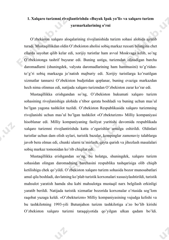 ga mustaqil narx belgilash erkinligi yaratib berildi. natijada turistik xizmatlar bozorida korxonalar o’rtasida sog’lom raqobat yuzaga keldi. «o’zbekturizm» milliy kompaniyasining vujudga kelishi va bu tashkilotning 1993-yili butunjahon turizm tashkilotiga a’zo bo’lib kirishi o’zbekiston xalqaro turizmi taraqqiyotida qo’yilgan ulkan qadam bo’ldi. respublikada xalqaro turizmni yangi bosqichga ko’tarish va samarali faoliyat ko’rsatishiga mos keladigan yangi shart-sharoit va mexanizmlar vujudga keldi. xalqaro turizmning paydo bo’lish va shakllanish tarixini tahlil qilar ekanmiz, savdo munosabatlarini o’rnatish, dam olish va sayohat bilan bir qatorda, dunyo xalqlarining tarixi, madaniyati, urfodat va an’analarini o’rganish, bilish va buning natijasida odamlar, elu elatlar o’rtasida hamjihatlik, bag’rikenglik fazilatlarini mustahkamlash ham turizmning muhim tarkibiy qismi bo’lganiga yana bir bor ishonch hosil qilamiz. o’zbekiston respublikasining birinchi prezidenti aytganlaridek, ―xalqaro turizmni rivojlantirish va uning samaradorligini belgilaydigan eng muhim omillar, hech shubhasiz, butun dunyoda, turli mintaqalarda, sayyohlarni qabul qiladigan har bir davlatda tinchlik, xavfsizlik, siyosiy va iqtisodiy barqarorlikni ta’minlashdan iborat bo’lib qolmoqda‖[footnoteref:1]. [1: o’zbekiston respublikasi …