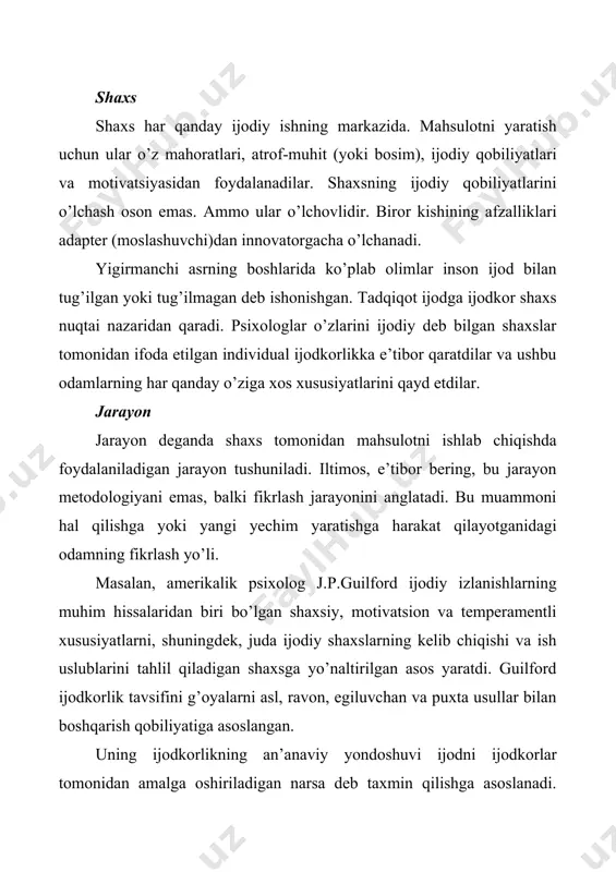 z ijtimoiy psixologi grem uollas tomonidan ishlab chiqilgan. u ma’lum bir jarayonni qo’llaganida odamlar o’zlarining ijodiy fikrlash qobiliyatlarini yaxshilashlari mumkinligini aniqladilar. 1926 yilda uollas ketma-ket modeldagi to’rt bosqichni ajratib oldi va “uollasning to’rt bosqichli ijodiy jarayoni” nomi bilan mashhur bo'lgan jarayonni ishlab chiqdi. 1) tayyorgarlik bosqichi aniq muammoni oldindan tahlil qilish, muammoni aniqlash va o’rnatish bilan bog’liq, ta’lim, analitik ko’nikmalar va muammoga oid bilimlarga asoslangan ongli ish; 2) aql birlashmalar poyezdlarini shakllantirib, ongsiz ravishda muammo ustida ishlashni davom ettiradigan inkubatsiya bosqichi; 3) yoritish bosqichiga umidvor g’oya to’satdan ma’rifat singari ongli ongni bosib o’tganda erishiladi, ammo bu tashqi bosqichdagi to’siqlar yoki paydo bo’layotgan g’oyani shoshilish orqali osongina bezovta qiladigan nozik bosqichdir; 4) g’oyani yanada rivojlantirish, baholash va takomillashtirishni yakuniy tekshirish bosqichi. mahsulot mahsulot shaxs tomonidan quriladi va kreativ (ijodiy) jarayon natijasidir. bu yangilik hisoblanadi. mahsulot, ehtimol, kreativlik sohasida eng kam o’rganilgan omil. ular, odatda, jarayon va shaxsning natijasi sifatida qaraladi. shuningdek, …