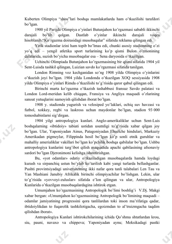 ylor suzish bo’yicha 3 ta oltin medalga sazovor bo’lib, olimpiya o’yinlarining qahramoniga aylangan. 1908 yildagi olimpiya o’yinlaridan boshlab g’oliblarni norasmiy jamoa ochko hisobi bo’yicha aniqlash qoidasi kiritilgan. o’yinlar davrida ingliz ruhoniysi etel'bert talbot tomonidan “eng asosiysi g’alaba emas, ishtirok etishdir” so’zlari aytilgan. iv yozgi olimpiya o’yinlarining natijalari – 1-o’rin – buyuk britaniya (56-51-39), 2-o’rin – aqsh (23-12-12), 3-o’rin - shvetsiya (8-6-11). v yozgi olimpiya o’yinlari 1912 yil 5 may – 22 iyulda stokgolm (shvetsiya) shahrida bo’lib o’tgan. o’yinlarda 28 ta davlatdan 2547 nafar (ulardan 37 nafar ayol) sportchilar ishtirok etgan. musobaqalar 14 ta sport turi bo’yicha 109 ta medallar jamlanmasi uchun o’tkazilgan. musobaqalar uchun barcha qulayliklarga ega bo’lgan “qirol” stadioni qurilgan. olimpiya o’yinlarining eng yaxshi sportchisi deb, amerikalik hindu jim torp tan olingan. 1912 yildagi olimpiya o’yinlaridan boshlab olimpiya o’yinlarining ochilish va yopilish marosimlari kiritilgan. bu olimpiya o’yinlarida oxirgi marta sof oltin medallar berilgan. v olimpiya o’yinlari dasturiga ilk bor …
