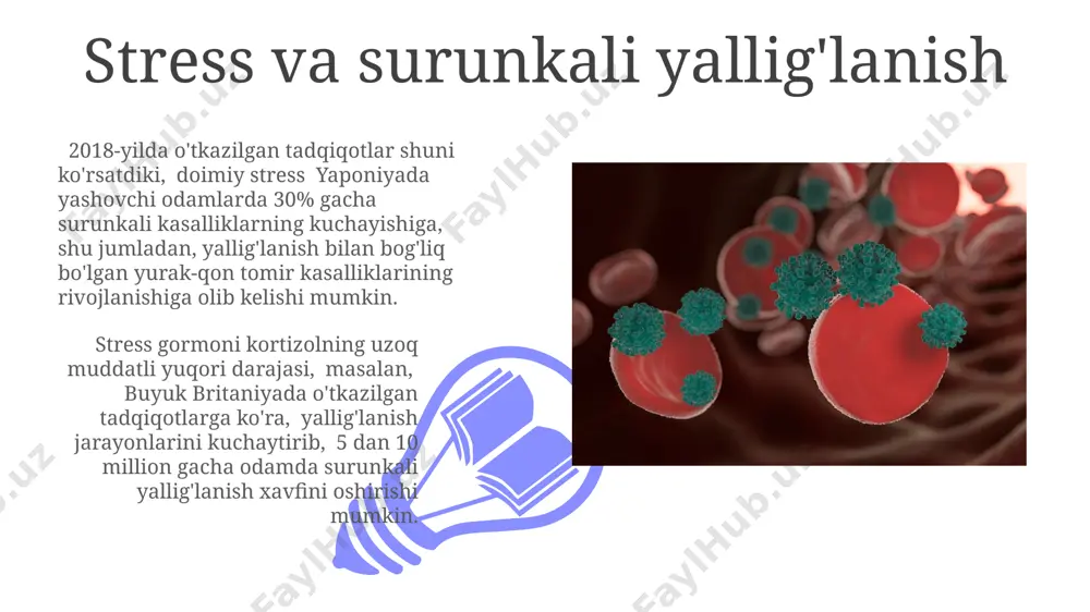 agi to'qimalarning biopsiyasini o'z ichiga olishi mumkin, bu esa kasallikning aniq manbasini aniqlashga yordam beradi. surunkali yallig'lanishni aniqlash uchun 50 yoshdan oshgan bemorlarda qon tahlillari, jumladan, crp va esr ko'rsatkichlarini o'rganish, shuningdek, amerika qo'shma shtatlarida keng qo'llaniladigan immunologik testlar muhim ahamiyatga ega. surunkali yallig'lanishning alomatlari bosh og'rig'i, mushak og'rig'i va umumiy charchoq – surunkali yallig'lanishning keng tarqalgan alomatlari bo'lib, jahon miqyosida 50 yoshdan oshgan aholi orasida 20% dan ortiq tarqalgan. ovqat hazm qilish tizimining buzilishi, masalan, qorin shishi, diareya yoki ich qotishi, 7 kun va undan ko'p davom etsa, surunkali yallig'lanishning belgisidir, ayniqsa, evropa mamlakatlarida bu alomat tez-tez uchraydi. surunkali yallig'lanish va boshqa kasalliklar 2019-yilgi tadqiqotlarga ko'ra, rivojlangan mamlakatlarda, masalan, aqshda, surunkali yallig'lanish diabet bilan kasallanganlarning 70% gacha bo'lgan qismida kuzatiladi, bu esa glyukozaning noto'g'ri metabolizmiga olib keladi. surunkali yallig'lanish yurak-qon tomir kasalliklari xavfini 2-3 baravar oshirishi mumkin, bu esa dunyo bo'ylab, jumladan, o'zbekistonning qishloq joylarida ham yurak xuruji va …