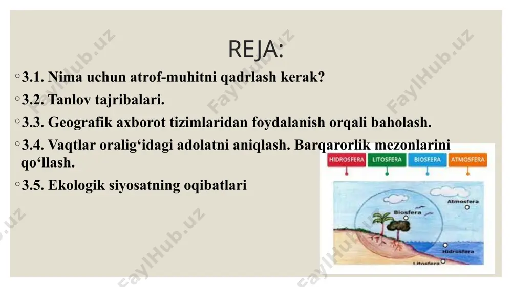 plami” yoki boshqa atamalar bilan izohlangan. tabiatshunos olimlar “biosfera” atamasini uzoq izlashgan. v.i.vernadskiy atmosferadagi barcha kislorod organizmlar hayot tarzi mahsulidir, deb hisoblaydi. toshko’mir, neft, bor, torf, ohaktosh, fosforit, ko’plab temir va marganes rudalari hamda tuproq organizmlarning hayot tarzi evaziga hosil bo’lgan. bu biokimyoviy jarayonning yer yuzida davom etishida quyosh energiyasi nurlari birlamchi rol o’ynaydi. quyosh nurlari yashil o’simliklarning xlorofill donalarini tutib qolib, fotosintez jarayonida karbonat angidridi bilan birga erkin kislorodni ham hosil qiladi. erkin kislorod esa yordamchi jarayonlar uchun katta rol o’ynaydi. biosfera tarkibiga atmosferaning quyi qatlamlari, ya’ni 15-20 km balandlikkacha bo’lgan troposfera va stratasferaning pastki qismi, dunyo okeanining eng chuqur botiqlari (11 km), litosferaning yuqori yer yuzasidan 4,5 km gacha bo’lgan chuqurlik qismlari kiradi. bu chuqurlikdagi neft qatlami suv tarkibida hamda yuqorida ozon ekranigacha bo’lgan chegaralar oralig’ida tirik mikroorganizmlar uchraydi. inson ham biosferaning tarkibiy qismidir. biosfera tabiatning aniq tizimi bo’lib, uning borligi energiya va moddalar aylanishi tirik organizmlar ishtirokida …