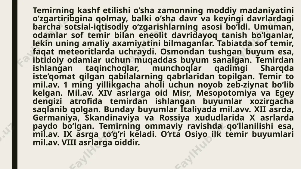 q tsivilizatsiyasi bilan o‘zaro aloqalar natijasida bronza davridan boshlab o‘zbekistonning janubiy xududlarida, ya’ni qadimgi baqtriya xududida o‘troq dehqonchilik madaniyatlari shakllandi. so‘nggi bronza va ilk temir davriga kelib, bu jarayon o‘zbekistonning barcha xududlarini qamradi. zarafshon va qashqadaryo xududida sug’diyona, amudaryoning quyi oqimida xorazm, sirdaryoning yuqori havzasida qadimgi farg’ona va uning o‘rta oqimida choch dehqonchilik madaniyatlari markazlari shakllandi. amu va zarafshon daryolari havzalarida tarkib topgan har bir dehqonchilik voxalarining o‘troq aholisi avestoda baxdi, gava so‘g’da, xvarizam, sirdaryo xavzalarida shakllangan dehqonchilik o‘lkalarini esa, choch va fraganik nomlari bilan eslatib o‘tiladi. qadimgi baqtiriyada o‘troq dehqonchilik madaniyati bronza davridanoq shakllana boshlagan. bu madaniyat sopollitepa, jarqo‘ton, kuchuktepa, qiziltepa, bandixon–1, tallashkan, jondavlattepa kabi qadimgi dehqonchilik madaniyati yodgorliklari asosida o‘rganilgan. kuchuktepa qadimgi baqtriya xududida so‘nggi bronza davriga oid yodgorlik xisoblanadi.u surxandaryo xududidagi ulanbuloqsoy sohilida joylashgan. yodgorlikni 1962 yilda l.i.albaum tomonidan topilgan va 1963–1967 yillar davomida tadqiqot ishlari olib borilgan. bu tadqiqotlar natijasida uning 2 ta rivojlanish bosqichi ko‘rsatilgan …