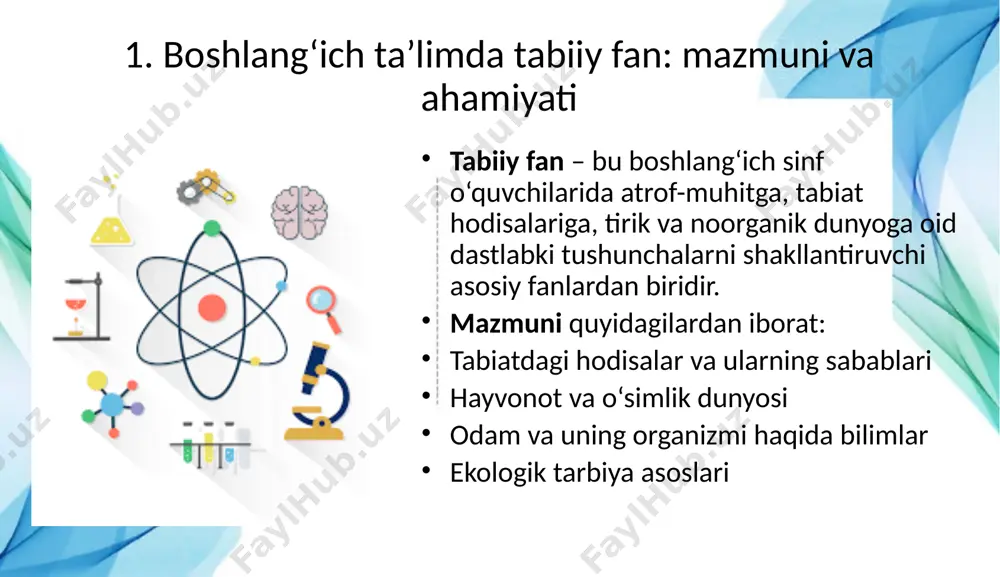 oli vaziyatlar xulosa boshlang‘ich maktablarda tabiiy fan o‘quvchilarda ilmiy dunyoqarashni shakllantirish, ekologik madaniyatni rivojlantirish va tabiatni anglashda muhim o‘rin tutadi. dastur bosqichma-bosqich rivojlanuvchi, yoshga mos mazmunga ega bo‘lib, o‘quvchining bilish faoliyatini kuchaytirishga xizmat qiladi. to‘g‘ri tashkil etilgan darslar orqali bolalarda tabiatni sevish, asrash va uni kuzatish qobiliyati shakllanadi. foydalanilgan adabiyotlar: o‘zbekiston respublikasi xalq ta’limi vazirligi. “tabiiy fan” o‘quv dasturi. toshkent, 2023 g‘ofurova m. – boshlang‘ich ta’limda fanlarni o‘qitish metodikasi, toshkent, 2022 xolboyeva d. – tabiiy fan metodikasi, andijon, 2021 www.edu.uz – o‘zbekiston ta’lim portali, metodik tavsiyalar unesco.org – early science learning recommendations image2.png image3.png image4.png image1.png /docprops/thumbnail.jpeg