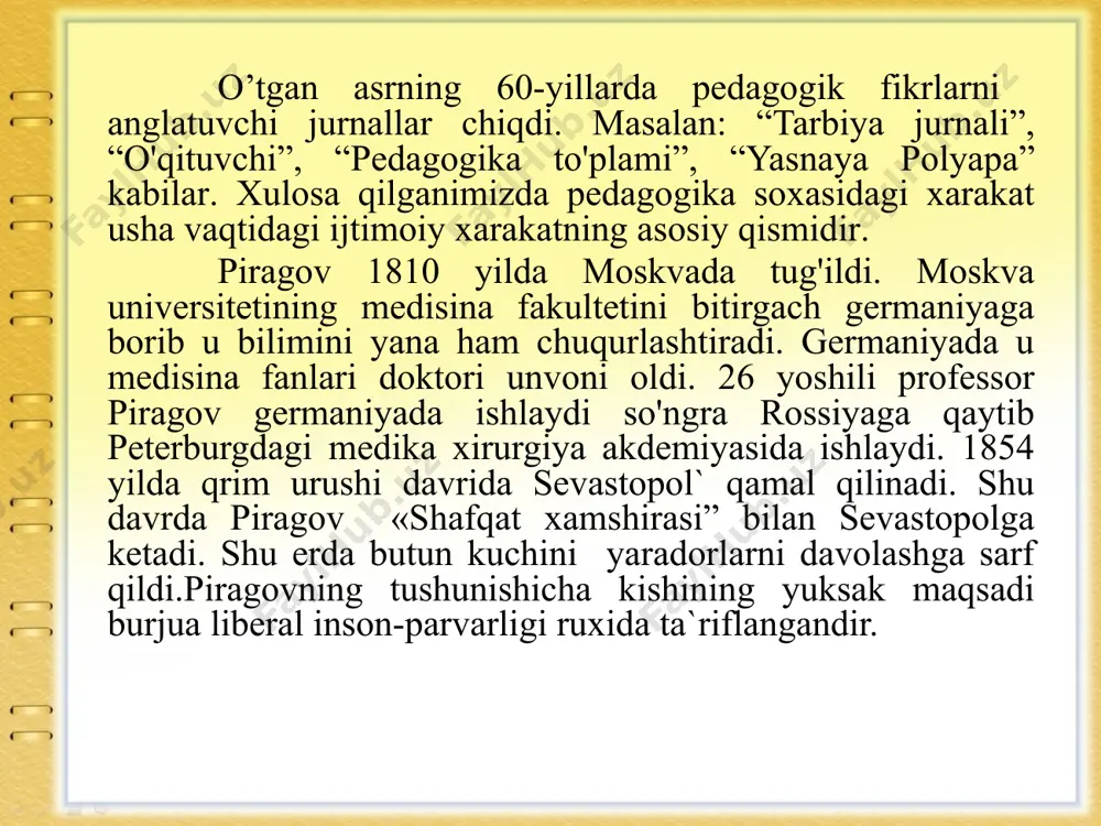 buyog’i ham borki, maktabgacha tarbiya muassasalarida va maktabda bolalar tarbiyasi maxsus tayyorlikka, bilim va malakaga ega bo’lgan pedagoglar qo’lida bo’lsa-da, ko’pgina ota-onalar shedagogikadan bexabardirlar. ota-onalarning o’z bolalarini tarbiyalashda qiyinchiliklarga uchrab turishlarining sababi ham ko’proq shundadir. lekin qiyiichiliklarga duch kelganda orqaga chekinish kishilari uchun yot bir narsadir, shuning uchun o’ylab ish qiladigan ota-onalar bunday hollarda pedagogika adabiyotiga murojaat qiladilar yo’li va mazmuni fuqarolik tarbiyaning cheksiz qudratiga chuqur ishonchga va chinakam gumanizmga tayangan edi. a. s. makarenko eng muhim pedagogika printsipini quyidagicha ta’riflab bergan edi: «mening asosiy printsipim hamisha ham: insondan mumkip qadar ko’proq talab etish va shu blan birga insonni mumkin qadar ko’proq hurmat qilish printsipi bo’ldi» degan edi. anton semyonovich bu kitobning asosiy vazifasi ota-onalarning o’zlari fikr yuritishlariga madad berish, hayot tomonidan ular oldiga qo’yiladigan konkret vazifalarni ijodiy yo’l bilan hal-qilishlariga havas uyg’otish deb bilgan edi. u bolalar tarbiyasi haqidagi lektsiyalarida ham shu maqsadni ko’zda tutadi. lektsiyalarning boshdan-oyoq hamma yerida, …