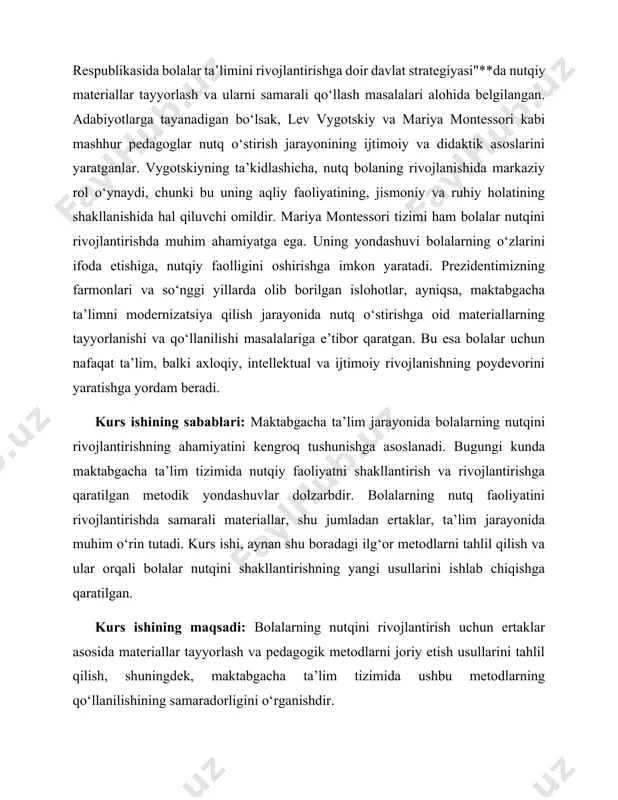 ’lim, balki axloqiy, intellektual va ijtimoiy rivojlanishning poydevorini yaratishga yordam beradi. kurs ishining sabablari: maktabgacha ta’lim jarayonida bolalarning nutqini rivojlantirishning ahamiyatini kengroq tushunishga asoslanadi. bugungi kunda maktabgacha ta’lim tizimida nutqiy faoliyatni shakllantirish va rivojlantirishga qaratilgan metodik yondashuvlar dolzarbdir. bolalarning nutq faoliyatini rivojlantirishda samarali materiallar, shu jumladan ertaklar, ta’lim jarayonida muhim o‘rin tutadi. kurs ishi, aynan shu boradagi ilg‘or metodlarni tahlil qilish va ular orqali bolalar nutqini shakllantirishning yangi usullarini ishlab chiqishga qaratilgan. kurs ishining maqsadi: bolalarning nutqini rivojlantirish uchun ertaklar asosida materiallar tayyorlash va pedagogik metodlarni joriy etish usullarini tahlil qilish, shuningdek, maktabgacha ta’lim tizimida ushbu metodlarning qo‘llanilishining samaradorligini o‘rganishdir. kurs ishining vazifalari: 1. bolalar nutqini rivojlantirishda ertaklarning pedagogik ahamiyatini aniqlash. 2. ertaklar yordamida bolalar nutqining ijtimoiy va psixologik rivojlanishini o‘rganish. 3. maktabgacha ta’limda bolalar uchun samarali didaktik materiallar tayyorlash. 4. ertaklarni bolalar nutqini rivojlantirishda qo‘llashning metodik jihatlarini tahlil qilish. 5. maktabgacha ta’limda bolalar nutqini rivojlantirishning zamonaviy texnologiyalarini o‘rganish. 6. …