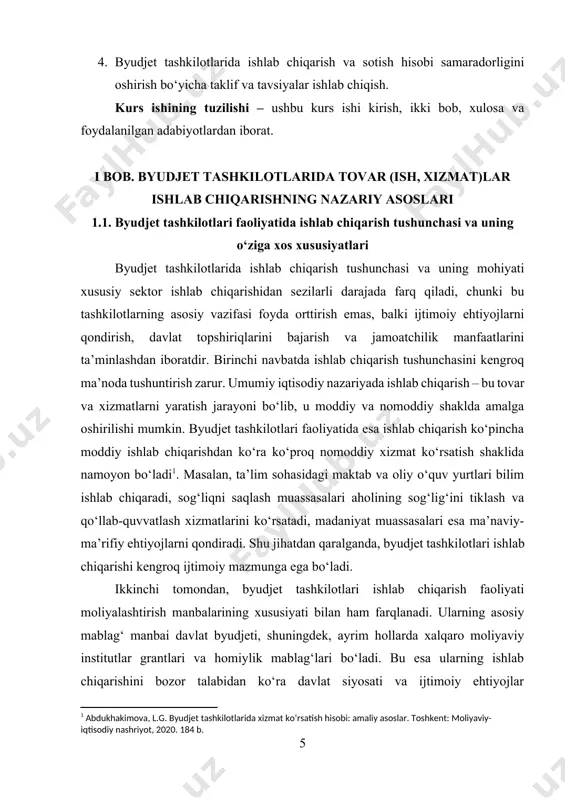 iqtisodiy va siyosiy omillarga bog‘liq bo‘ladi. uchinchi jihat – byudjet tashkilotlarida ishlab chiqarish natijalari tijorat korxonalaridagidan keskin farq qiladi. xususiy sektorda ishlab chiqarishning asosiy samaradorlik mezoni foyda va rentabellik bo‘lsa, byudjet tashkilotlarida asosiy mezon sifat, samaradorlik va ijtimoiy natija hisoblanadi. masalan, bir maktabning ishlab chiqarish samarasi uning qancha o‘quvchi o‘qitganida emas, balki o‘quvchilarning bilim darajasi, erishgan natijalari va jamiyatga foydali kadr bo‘lib yetishishida namoyon bo‘ladi. sog‘liqni saqlash sohasida esa samaradorlik bemorlarning shifo topishi, kasalliklarning oldini olish ko‘rsatkichlari va aholi salomatligining yaxshilanishi orqali baholanadi. shu nuqtai nazardan byudjet tashkilotlari ishlab chiqarishining mohiyati ijtimoiy ahamiyatga ega natijaga qaratilganligi bilan ajralib turadi[footnoteref:2]. [2: azimov, s.j. byudjet tashkilotlarida ishlab chiqarish va sotish hisobining nazariy jihatlari. samarqand: iqtisod-fan nashriyoti, 2019. 216 b.] to‘rtinchi tomondan, byudjet tashkilotlarida ishlab chiqarish jarayoni qat’iy tartibga solingan bo‘lib, u maxsus normativ-huquqiy hujjatlar, davlat standartlari va ichki tartib-qoidalar asosida amalga oshiriladi. bu esa ularda ishlab chiqarishning barqarorligini, nazorat va hisobning aniq …