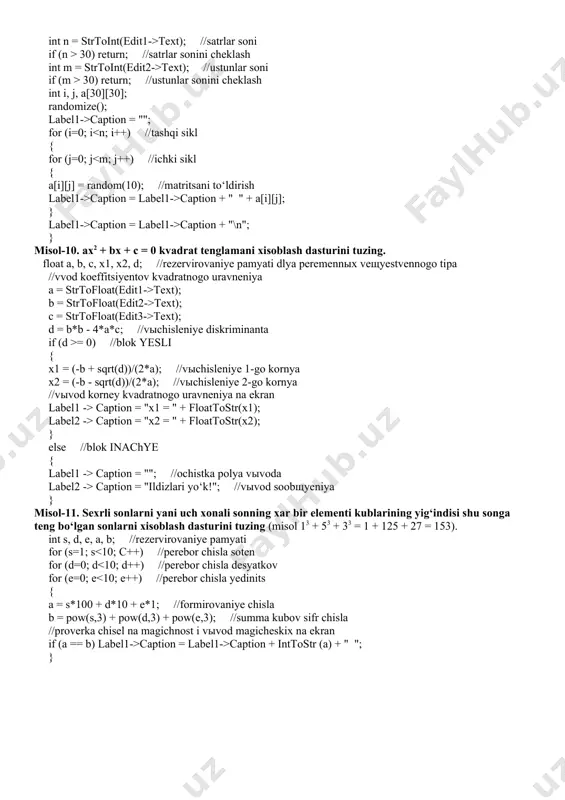 ing yig‘indisi shu songa teng bo‘lgan sonlarni xisoblash dasturini tuzing (misol 13 + 53 + 33 = 1 + 125 + 27 = 153). int s, d, e, a, b; //rezervirovaniye pamyati for (s=1; s caption = label1->caption + inttostr (a) + " "; }