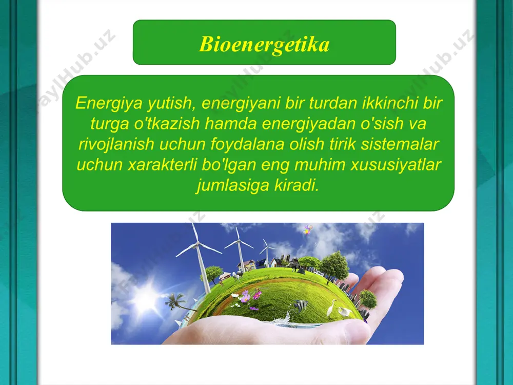 energiyasi evaziga turli xil murakkab organik moddalar hosil qiladi. geterotroflar (hayvonlar) esa energiyani avtotrof organizmlarda sintezlangan har xil oziqa moddalardan (uglevodlar, oqsillar, yog'lar) oladi. geterotrof organizmlarda organik moddalar tarkibidagi energiya, asosan, aerob nafas jarayonida ajralib chiqadi va mazkur energetik sikl h2o va co2 hosil bo'lishi bilan o'z yakuniga etadi. hujayraning energetik sikli, energiyaning qayta o'zgartirishi va adenilat sistemasi barcha tirik organizmlar, energiya manbalariga qarab avtotrof va geterotrof deb ikki guruhga bo'linadi. energiyaning qayta o'zgartirilishi ma'lumki, oziqa moddalarining kimyoviy potensiali (energiyasi) molekulalar va atomlar o'rtasida mavjud kovalent va makroergik bog'larda jamlangan. masalan, oqsillar tarkibidagi peptid bog'lari yoki efir bog'lari gidrolizlanganda bir molekula modda hisobiga ~3000 kal energiya ajralib chiqadi. glyukoza tarkibidagi c, h va o atomlari o'rtasidagi bog'larda esa, bir molekula hisobiga, 686000 kal potentsial energiya mujassamlangan bo'lib, u glyukozaning oksidlanish jarayonida ajralib chiqadi oziqa moddalarining oksidlanishi natijasida (ekzergonik reaktsiyalarda) ajralib chiqadigan energiyaning faqat bir qismigina issiqlik tarzida ajraladi, qolgan qismi …