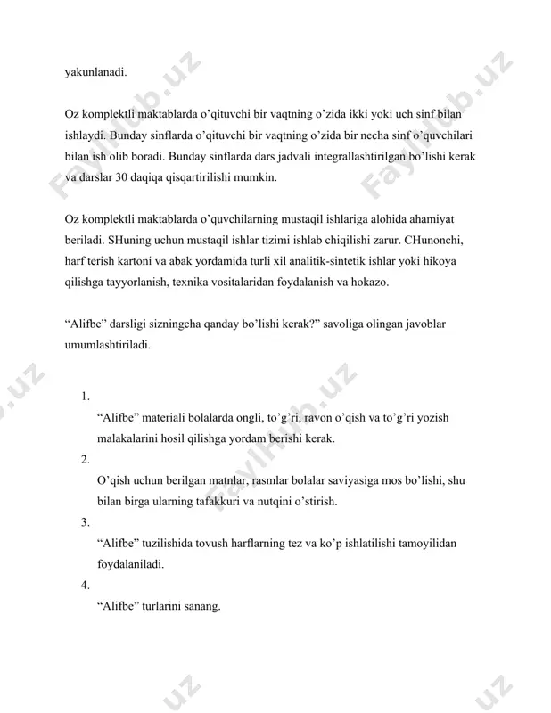 u bilan birga ularning tafakkuri va nutqini o’stirish. 3. “alifbe” tuzilishida tovush harflarning tez va ko’p ishlatilishi tamoyilidan foydalaniladi. 4. “alifbe” turlarini sanang. 5. “alifbe”ning hajmi savod o’rgatishga ajratilgan vaqtga mos bo’lishi kerak. 6. “alifbe” mualliflarini ayting. 7. “alifbe”ning harfi terilishi, qog’ozi, rasmlarining bo’yoqlari gigienik talablarga javob berishi. 8. “alifbe”ning tuzilishi qanday? 9. “alifbe”ning tashqi ko’rinishi chiroyli, bolalar diqqatini o’ziga tortadigan bo’lishi kerak. 10. “alifbe”, “yozuv daftari” va savod o’rgatish metodikasi qo’llanmalarini qiyoslang. savod o’rgatish darslarini tahlil qiling. alifbega qo’yilgan barcha talab va tamoyillarni faqatgina alifbe tuzuvchilari emas, balki u bilan ishlaydigan o’qituvchi ham bilishi zarur; o’qituvchi, avvalo, alifbening mazmunini, tuzilishini, yaxshi bilib olib, undagi materialdan pedagogik jarayonni tashkil etish (alohida dars rejasini tuzish, darslar sistemasini belgilash, alifbe materialiga qo’shimcha material tanlash, ba’zi materiallarni qayta ko’rib chiqish)da foydalanadi. shundagina o’qituvchi kitobga ijodiy yondoshib, undan metodika talablari va o’zining pedagogik tajribasidan kelib chiqib foydalangan bo’ladi. tekshirish uchun savol va topshiriqlar: 1. …