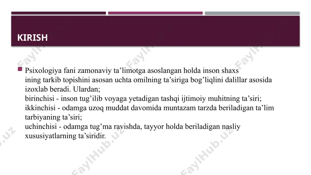 ng hyech qanday psixik xususiyatlarini belgilamaydi, hyech bir me’yordagi bola dadil yoki qo’rqoq, irodali yoki irodasiz, mehnatsevar yoki yalqov, intizomli yoki intizomsiz bo’lib tug’ilmaydi, agarda tarbiya to’g’ri tashqil qilinsa, nerv sistemasida xarakterning barcha ijtimoiy qimmatli xislatlarini shakllantirish mumkin. masalan, sabot-matonat va o’z-o’zini tuta bilish xislatini nerv sistemasining tipi shiddatli bo’lgan bolalarda ham, yoki nerv sistemasining tipi vazmin bo’lgan bolalarda ham tarbiyalash mumkin bo’ladi. biroq birinchi hol bolalarni tarbiyalash ikkinchi holdagilarni tarbiyalashga qaraganda qiyinroq bo’ladi. xulosa har ikkala holda kerakli sifatlarni tarbiyalash yo’llari va usullari ham turlicha bo’ladi. ikkinchidan, tabiiy xususiyatlar odamning biror sohada erishgan yutuqlari darajasiga ham ta’sir qilishi mumkin. masalan, qobiliyatda tug’ma individual farqlar mavjud. shu sababli ba’zi odamlar boshqa odamlardan ma’lum bir faoliyatni egallash imkoniyati jihatidan ustun turishadi. bazida esa aksincha, biror-bir faoliyat turini egallash imkoniyati jihatidan esa ulardan ortda qolishlari mumkin. mana shu ma’noda odamlar o’z qobiliyatlarini baravar rivojlantirish imkoniyatiga ega emaslar. garchi tabiiy ko’nikishlar o’quvchilarning psixik …