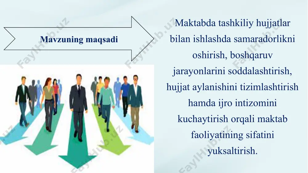 rejalari, tayanch o‘quv rejasi (joriy o‘quv yili uchun) o‘quv jarayonining standartlari va asosiy rejalari. maktabga biriktirilgan mikrohudud bo‘yicha tuman (shahar) hokimligi qarori nusxasi. hududdagi maktab yoshidagi bolalarni maktabga qamrab olishni belgilaydi tashkiliy hujjatlar bilan tartibli ishlash maktabda boshqaruvning aniqligi, ichki intizom va javobgarlikni ta’minlab, ta’lim sifatini oshirishga xizmat qiladi. xulosa takliflar 1) hujjatlarni markazlashtirish: maktabda barcha hujjatlarni markazlashgan maʼlumotlar bazasida toʻplash va saqlash, bu orqali ularni tezkor topish va boshqarish imkonini yaratish. 2) hujjatlar ustidan nazoratni kuchaytirish: har bir hujjat uchun masʼul shaxslarni belgilash va hujjatlarni koʻrib chiqish va tasdiqlash jarayonlarini aniq belgilash. 3) shaxsiy kabinetlar yaratish: oʻqituvchilar va boshqa xodimlar uchun shaxsiy kabinetlar yaratish, bu orqali ular hujjatlarni yaratish, tekshirish va yangilash imkoniyatiga ega boʻlishadi. name eʼtiboringiz uchun rahmat! image1.png image2.png image14.png image10.jpeg image11.jpeg image12.jpeg image13.png image15.png image16.svg image17.png image18.svg image19.jpeg image20.jpeg image21.jpeg image22.jpeg image23.png image24.png image25.jpeg image26.png image27.jpeg image31.png image32.png image28.png image29.png image30.png image33.jpeg image34.jpeg image35.png image9.png /docprops/thumbnail.jpeg