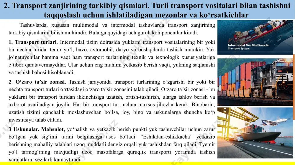 ko‘rsatish, ilmiy tadqiqotlar o‘tkazish, transport vositalarini ishlab chiqaruvchi korxonalar va transport jarayoni bilan bog‘liq bo‘lgan boshqa ishlarni bajaradigan boshqa tashkilotlar tizimiga kiradigan kadrlarni tayyorlash va hokazolar bilan bog‘liq bo‘lgan ishlarni amalga oshiradigan tadbirkorlik subektlari tashkil qiladi. 3. transportning turli xil turlarida transport-logistika tizimlarining asosiy texnik-iqtisodiy xususiyatlari: temir yo‘l transporti, suv transporti, avtomobil transporti, havo transporti, quvur transporti harakatlanuvchi tarkib uchun bu parametrlar quyidagilar hisoblanadi; texnik va ekspluatatsion tezlik; yuk sig‘imlari va transport vositalarining o‘zlarining gabarit o‘lchamlari; to‘liq og‘irlik, o‘qlarga tushadigan yuklama; dvigatelning (kuch qurilmalarining) quvvati; tirkamalar, yarim tirkamalar, vagonlar va hokazolarning yuk ko‘taruvchanligi va gabarit o‘lchamlari. bog‘lanish yo‘llari uchun: o‘tkazish qobiliyati; o‘tish qismining (temir yo‘l izining) kengligi, farvaterning kengligi va chuqurligi; yo‘l polotnosi, relslarga tushadigan yo‘l qo‘yiladigan yuklama. terminallar uchun: omborning foydali maydoni; aylanishlar soni; ko‘tarish-tashish va ombor asbob-uskunalarining unumdorligi va hokazolar. 4. logistika tizimini davlat tomonidan qo‘llab-quvvatlashning yo‘nalishi va shakllari jahon tajribasi shuni ko‘rsatadiki, bozor munosabatlari ishlab chiqarish va …