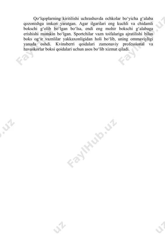 lar (kvinsberri qoidalari) qabul qilinadi. bu qoidalar boks xususiyatini tubdan o‘zgartirib yuboradi va uning sport turi sifatida rivojlanishiga asos soladi. jangga bir qator shartlar kiritilgan. jang raundlarga bo‘lingan, ular orasida tanaffuslar belgilangan va natijada olishuv sur’ati tezlashgan, bokschilarning harakatlari shiddatli tus ola boshlagan. raundlarning oldindan belgilangan soni va davomiyligi bokschilarga o‘z kuchlarini to‘g‘ri taqsimlashga imkon yaratgan, raundlar orasidagi tanaffuslarda esa sportchilar dam olib, keyingi raundlarda yanada chaqqonroq harakat qilganlar. boksni kurashga aylantirib yuborgan ushlab olishlarning man qilinishi bokschilar harakatlarini kuch ishlatuvchi harakatlardan tozalagan va ularga tezkorlik bergan. zarbalarning xavfsiz, himoya texnikasining esa yanada turli-tuman va ishonchli bo‘lishiga yordam bergan yumshoq qo‘lqoplar kiritilgan. bu zarbalarning xususiyatiga ham ta’sir ko‘rsatgan. agar oldin bokschilar ochiq qo‘llariga jarohat etishidan qo‘rqib ehtiyotlik bilan zarba bergan bo‘lsalar, endi ular o‘zlarining zarba kuchini solishtirish imkoniyatiga ega bo‘lganlar, bir qator yangi himoya turlaridan (kaft, yelkani zarbaga tutib berish va h.k.) foydalana boshlaganlar. qo‘lqoplarning kiritilishi uchrashuvda ochkolar bo‘yicha g‘alaba …