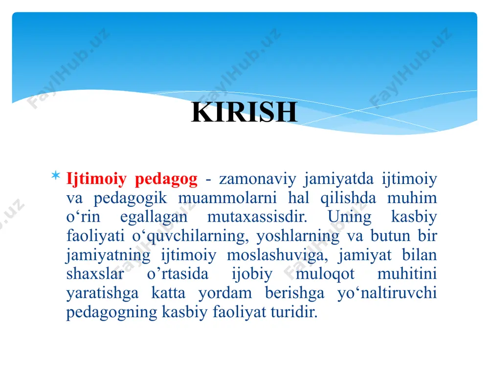 . shaxslararo munosabatlarda pedagogik va psixologik ko‘mak ko‘rsatish. oilalar bilan ishlash va ularga zarur tavsiyalar berish. ijtimoiy pedagogning vazifalari quyidagilardan iborat ta'lim muassasalari: maktab va universitetlarda ijtimoiy moslashuv dasturlarini ishlab chiqish va amalga oshirish oila bilan ishlash: muammoli oilalarni o’rganib ularni ma’naviy qo‘llab-quvvatlash, shaxsiy rivojlanishini qo‘llab-quvvatlash. jamoaviy faoliyat: mahalliy jamoalarda ijtimoiy va pedagogik loyihalarni amalga oshirish. ijtimoiy pedagog o‘z ishini turli yo‘nalishlarda amalga oshiradi. asosiy faoliyat yo‘nalishlari quyidagilarni o’z ichiga oladi muloqot qilish mahorati: har bir yosh toifasi bilan ishlash uchun turli uslub va yondashuvlarni qo‘llash orqali samarali muloqotni amalga oshirish. tahliliy fikrlash: muammolarni chuqur tahlil qilib, samarali yechimlarni taklif qilish. hamdardlik (empatiya): odamlarning his-tuyg‘ularini tushunish va ularni qo‘llab-quvvatlash. ijtimoiy pedagog quyidagi muhim ko‘nikma va malakalarga ega bo‘lishi kerak xulosa o’rnida shuni aytishimiz mumkinki ijtimoiy pedagog jamiyatda insonlar o‘rtasidagi ijtimoiy munosabatlarni yaxshilash, yoshlarga to‘g‘ri yo‘nalish ko‘rsatish va ularga ko‘maklashishda asosiy o‘rin tutadi. ularning faoliyati jamiyatning ijtimoiy barqarorligini ta’minlashda muhim ahamiyat …