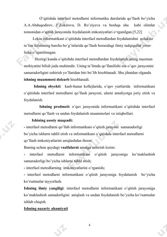 zolari yordamida idrok etadi, tushunadi. inson birov bilan suhbatlashadimi, darsda ma’ruza tinglaydimi, radio eshitadimi, kitob, jurnal, gazeta o’qiydimi barcha hollarda ham ma’lumotlar oladi, axborotga ega bo’ladi. o’z-o’zidan ko’rinib turubdiki, biz kitob yoki gazetalardan asosan matn korinishdagi (bunda rasmlar bo’lishi ham mumkin), ma’ruzani tinglaganimizda yoki radio eshitganimizda tovush yordamidagi, televizor yoki video ko’rganimizda esa harakatli tasvir ko’rinishidagi axborotni olamiz. bu esa axborotning ma’lum bir turdagi ko’rinishlari hisoblanadi. axborotning amalda qo‘llanilishi zarur sharti uning o‘z vaqtidaligi va adekvatligidir. adekvatlik bu olingan axborot asosida qurilgan obrazning haqiqiy ob`ektga qanchalik mosligini beradi va u uchta formada ifodalanadi: sintaktik adekvatlilik - bu axborotni uzatish tezligi, aniqligi, kodlashtirish tizimi, tashqi ta’sirlarning mavjudligi va shu kabi jarayonlardan iborat. semantik adekvatliligi - uzatiladigan axborotning ma’naviy tarkibi, ob`ekt obraziga va haqiqiy ko‘rinishiga mos kelishligi hisobga olinadi. pragmatik adekvatlilik - olingan axborotning asosiy boshqariladigan jarayon bilan mos kelishini belgilaydi.[13,21] bularni yanada yaxshiroq tasavvur etish uchun hayotiy bir misol olamiz. faraz …
