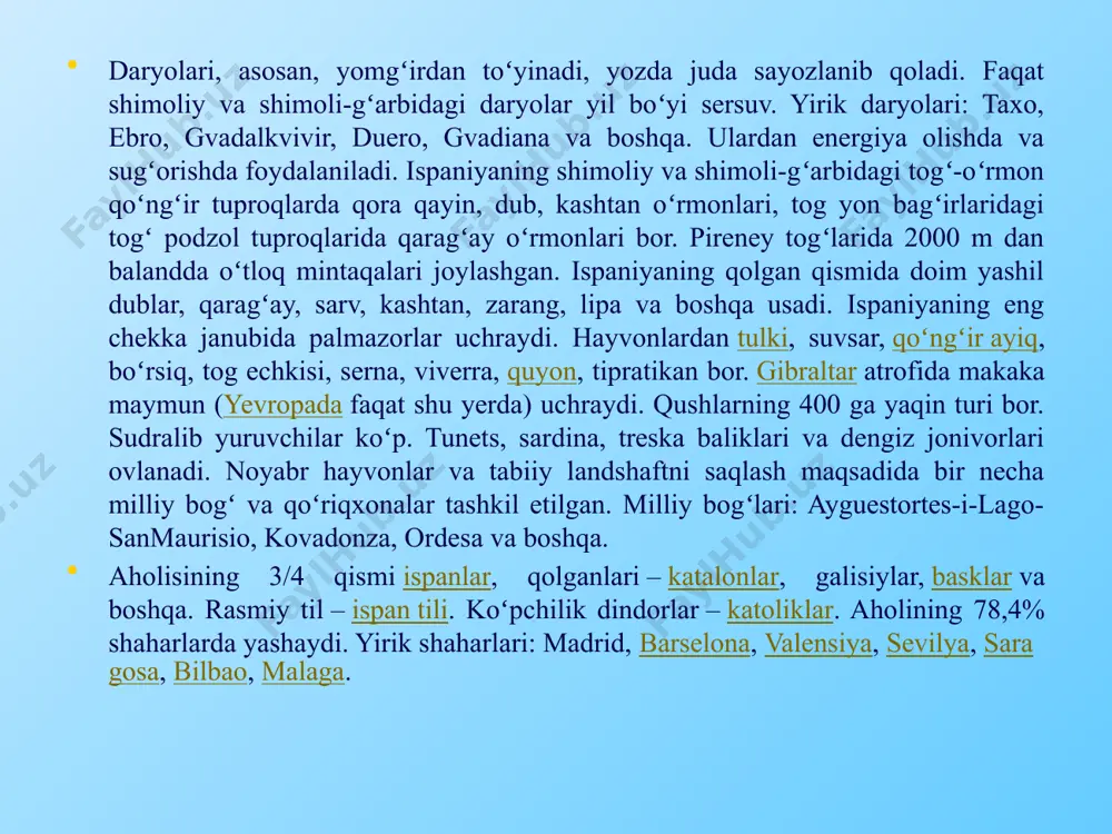 azorat qiladi.havo transporti yetakchi oʻrinni egallaydi. 42 ta aeroportdan 34 tasi rejali xizmat ko‘rsatadi. iqtisodiyot muammolari. an'anaviy ravishda aholining rasmiy bandligining past foizi va buning natijasida rasmiy ishsizlikning yuqori darajasi. rivojlangan shimoli-sharqiy mintaqa va mamlakatning qolgan qismi o'rtasidagi geografik nomutanosiblik. har xil turdagi inqiroz hodisalariga nisbatan past iqtisodiy barqarorlik ichki xavfsizlik muammolari. so'nggi yillarda ispaniyalik jinoyatchilar orasida immigrantlar ulushi asta-sekin o'sib bordi. bu afrika mamlakatlari va lotin amerikasidan ispaniyaga immigratsiyaning (jumladan, noqonuniy immigratsiya) ortishi bilan bog'liq. ijtimoiy-iqtisodiy muammolar rivojlanish birinchidan, mamlakatning qulay geografik joylashuvi uning iqtisodiy rivojlanishiga yordam beradi. ikkinchidan, ispaniyaning davlat tuzilmasi o'xshash boshqaruv tizimlariga ega bo'lgan qo'shni davlatlar bilan hamkorlikni osonlashtiradi, bu esa mamlakat iqtisodiyotiga foydali ta'sir ko'rsatadi. uchinchidan, shuni ta'kidlash joizki, mamlakatning iqtisodiy o'sishi uchun ham qulay, ham noqulay omillar mavjud. biroq, oxirgi omillarning ta'siri ijobiy omillar ta'siridan sezilarli darajada oshadi. buni alohida tarmoqlarning ham, butun iqtisodiyotning yuqori o‘sish sur’atlari ham tasdiqlaydi. hozirgi vaqtda iqtisodiyot iqtisodiy o'sishga …