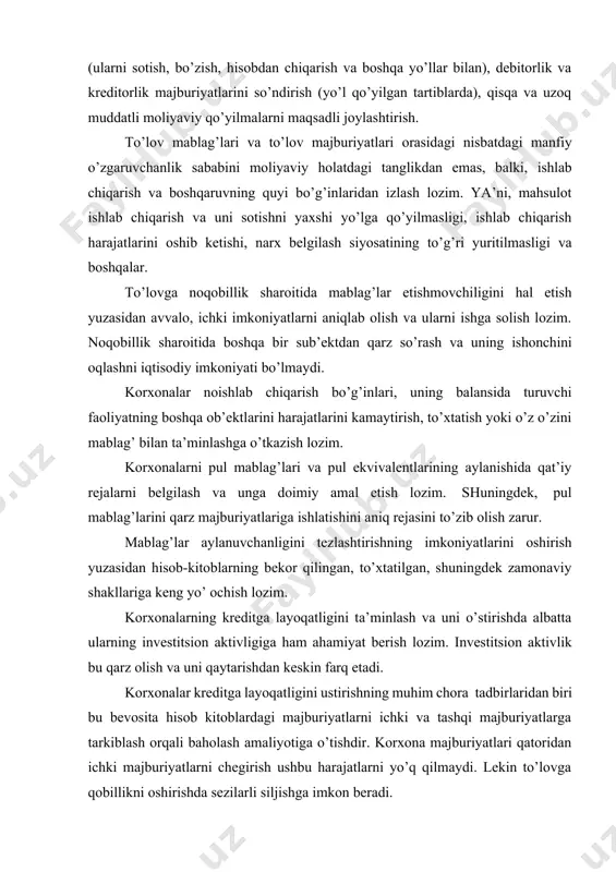 nlash va uni o’stirishda albatta ularning investitsion aktivligiga ham ahamiyat berish lozim. investitsion aktivlik bu qarz olish va uni qaytarishdan keskin farq etadi. korxonalar kreditga layoqatligini ustirishning muhim chora tadbirlaridan biri bu bevosita hisob kitoblardagi majburiyatlarni ichki va tashqi majburiyatlarga tarkiblash orqali baholash amaliyotiga o’tishdir. korxona majburiyatlari qatoridan ichki majburiyatlarni chegirish ushbu harajatlarni yo’q qilmaydi. lekin to’lovga qobillikni oshirishda sezilarli siljishga imkon beradi. kreditga layoqatlilik nima? kreditga layoqatlilik - qarz beruvchining qarz majburiyatlarini bajarmaganligingizni yoki yangi kredit olishga qanchalik munosib ekanligingizni belgilashi. sizning kreditga layoqatliligingiz - kreditorlar sizga yangi kreditni tasdiqlashdan oldin qarashlari. kreditga layoqatlilik bir necha omillar bilan belgilanadi, shu jumladan sizning to’lov tarixingiz va kredit balingiz. ba’zi bir kredit tashkilotlari, shuningdek, kreditni to’lamaslik ehtimolini aniqlaganda, mavjud aktivlar va majburiyatlar sonini hisobga olishadi. asosiy mahsulot · kreditga layoqatlilik - bu qarz beruvchiga qarz majburiyatlarini bajarmaganligingizni yoki yo’qligini qanday aytib berishi. · kreditga layoqatlilik bir necha omillar bilan belgilanadi, shu …