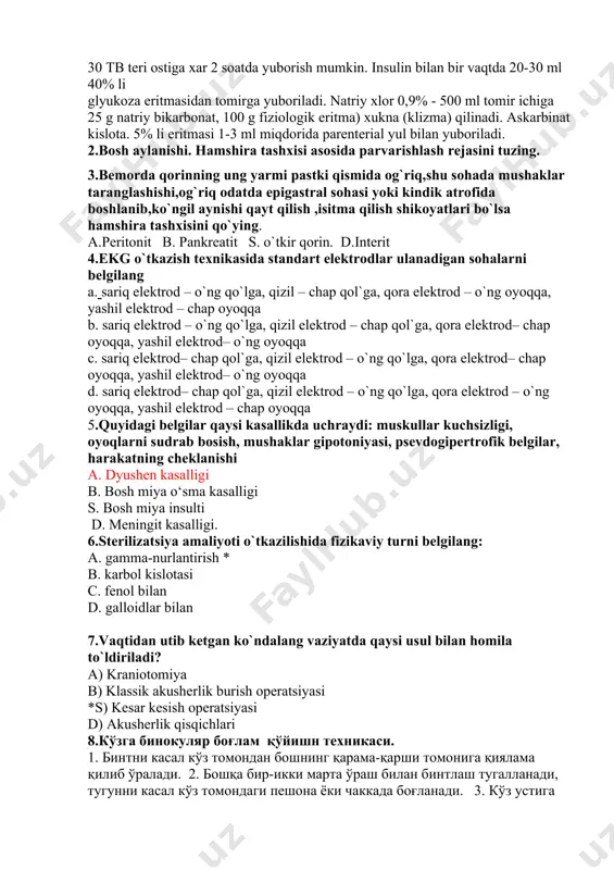 d. galloidlar bilan 7.vaqtidan utib kеtgan ko`ndalang vaziyatda qaysi usul bilan homila to`ldiriladi? a) kraniotomiya b) klassik akushеrlik burish opеratsiyasi *s) kеsar kеsish opеratsiyasi d) akushеrlik qisqichlari 8.кўзга бинокуляр боғлам қўйишн техникаси. 1. бинтни касал кўз томондан бошнинг қарама-қарши томонига қиялама қилиб ўралади. 2. бошқа бир-икки марта ўраш билан бинтлаш тугалланади, тугунни касал кўз томондаги пешона ёки чаккада боғланади. 3. кўз устига бир неча қават қилиб букланган доира дока қўйилади. 4. энса бўйлаб қулоқ юмшоғига, пешонага ва яна кўз орқали (орбита соҳасининг ички ярмини беркитиб) ўралади. а) *3, 1, 4, 2 в) 1, 3, 2, 4 с) 2, 4, 3, 1 d) 3, 4, 2, 1 9.эшитиш қобилиятини камертон ёрдамида текшириш техникаси. 1.бемор эшитишни тўxтатгандан сўнг камертон қулоқдан узоқлаштирилади ва дарҳол яна яқинлаштирилади. одатда, шундан сўнг бемор яна бир неча сония давомида товушни эшитади. 2. камертон жаранглашиши бемор қанча вақт эшитишини секундомер ёрдамида ўлчанади. 3. жаранглаётган камертонни иккита бармоқ билан …