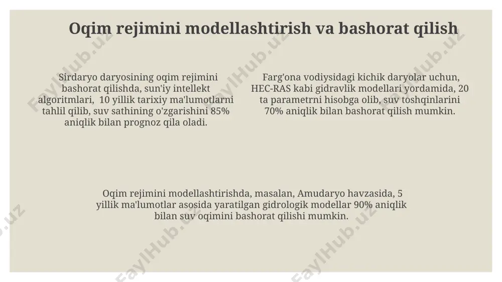 -shan tog'larida bahor oylarida suv oqimining 70% dan ortig'i tashkil topadi, bu esa chirchiq daryosining rejimiga kuchli ta'sir ko'rsatadi. sirdaryo havzasida 1000 mm dan ortiq yog'in-yog'ish miqdori va katta suv omborlarining mavjudligi oqim rejimini yumshatadi, ammo suv iste'moli (paxta yetishtirish uchun 60% dan ortiq) oqimning kamayishiga olib kelishi mumkin. oqim rejimining shakllanishida amudaryo havzasida yog'in-yog'ish miqdori (o'rtacha 150 mm dan kam) va bug'lanishning yuqori darajasi (1500 mm dan ortiq) muhim rol o'ynaydi, bu esa suv oqimining mavsumiy o'zgarishini keltirib chiqaradi. daryo oqimining asosiy xususiyatlari sirdaryo daryosining oqim rejimini bahor oylaridagi qor va muzlarning erishi, yoz oylaridagi yomgʻirlar va kuz-qish oylaridagi kam suvlilik xarakterlaydi, bu esa suv resurslarini boshqarishni murakkablashtiradi. chirchiq daryosi oqimi, toshkent viloyati hududida joylashgan suv omborlari tufayli, sezilarli darajada tartibga solingan boʻlib, yillik oʻrtacha oqim miqdori 70 kubometr/sekund atrofida oʻzgarib turadi. amudaryo daryosining oqim rejimida yillik oʻrtacha suv sarfi 1500 kubometr/sekundni tashkil etadi, bu esa qoraqalpogʻiston respublikasi va …