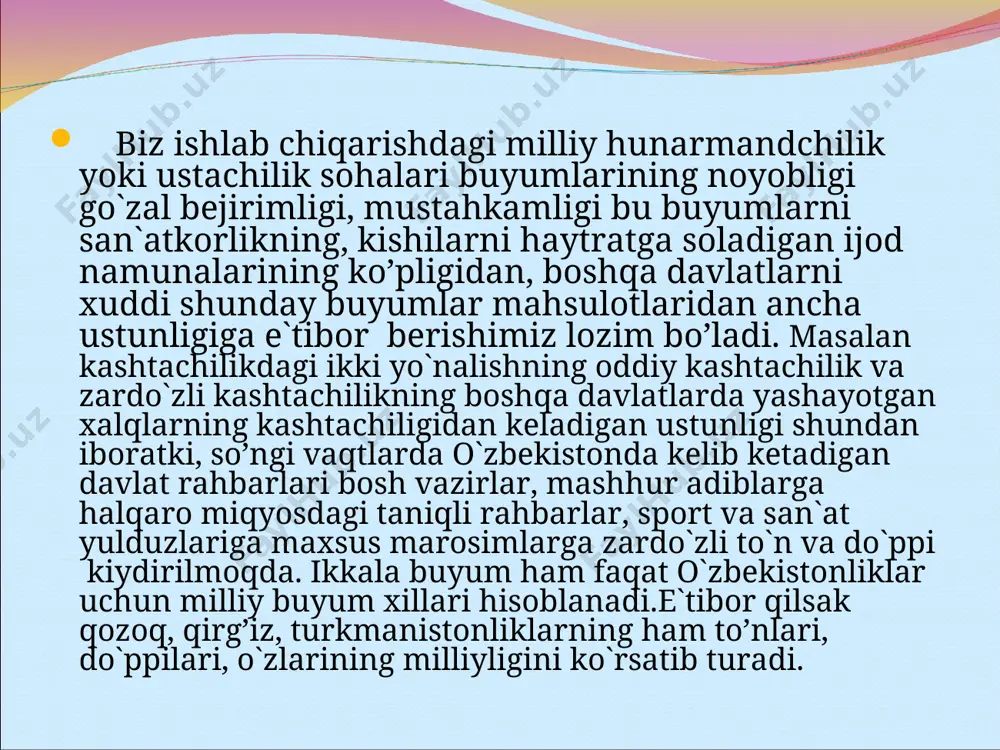 attotlik namunalari va miniatyura san'ati” kitobi taqdimotning asosiy mavzusiga aylandi. bu asar sharqona xattotlik va miniatyura san'atining noyob namunalarini bir tizimga solish ustida olib borilgan ilk tajribalarni qamrab olgan. kitob muallifi va tuzuvchisi, sulolaviy xattot, mir arab madrasasi mudarrisi abdulg'ofur razzoq buxoriyning shaxsiy to'plamidan materiallar undan o'rin olgan. albom asosiy 9 ta bo'limdan iborat bo'lib, ular sharqona nazm, naqqoshlik, me'moriy obidalar va san'at buyumlaridagi xattotlik va miniatyura asarlarining turli maktablarini qamrab oladi. kitobda kur'oni karimga badiiy bezak namunalari kishining e'tiborini tortadi. naqqoshlik namunalari va xattotlik uslublarining turfa ekaniga qaramay, ularni ichki go'zallik, yuqori ma'naviy va ruhiy holat uyg'unlashtirib turadi. birinchi bo'lim ekspozitsiyasida mehmonlar o'rta asarlarga oid miniatyura namunalari va zamonaviy o'zbek miniatyura ustalarining asarlari bilan tanishishlari mumkin bo'ldi. “nodir buyumlar” bo'limi nodir tarixiy liboslarga bag'ishlangan bo'lib, ular orasida mamlakatimizning turli hududlari tarixiga oid ayollar va erkaklar kiyimlari bor. barcha eksponatlar bir mavzu atrofida uyg'unlashgan bo'lib, turli to'plamlardan olingan bular – …