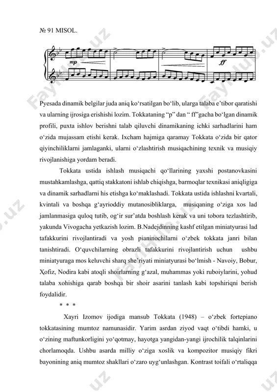 ‘maklashadi. tokkata ustida ishlashni kvartali, kvintali va boshqa g‘ayrioddiy mutanosibliklarga, musiqaning o‘ziga xos lad jamlanmasiga quloq tutib, og‘ir sur’atda boshlash kerak va uni tobora tezlashtirib, yakunda vivogacha yetkazish lozim. b.nadejdinning kashf etilgan miniatyurasi lad tafakkurini rivojlantiradi va yosh pianinochilarni o‘zbek tokkata janri bilan tanishtiradi. o‘quvchilarning obrazli tafakkurini rivojlantirish uchun ushbu miniatyuraga mos keluvchi sharq she’riyati miniatyurasi bo‘lmish - navoiy, bobur, ҳofiz, nodira kabi atoqli shoirlarning g‘azal, muhammas yoki ruboiylarini, yohud talaba xohishiga qarab boshqa bir shoir asarini tanlash kabi topshiriqni berish foydalidir. * * * xayri izomov ijodiga mansub tokkata (1948) – o‘zbek fortepiano tokkatasining mumtoz namunasidir. yarim asrdan ziyod vaqt o‘tibdi hamki, u o‘zining maftunkorligini yo‘qotmay, hayotga yangidan-yangi ijrochilik talqinlarini chorlamoqda. ushbu asarda milliy o‘ziga xoslik va kompozitor musiqiy fikri bayonining aniq mumtoz shakllari o‘zaro uyg‘unlashgan. kontrast toifali o‘rtaliqqa ega uch qismli shakl, lad o‘zgaruvchanligi, virtuoz fortepiano fakturasi, ko‘zga tashlanuvchi effekt, yutuqlarga muhtoj bo‘lmagan yuksak badiiy mazmun – pyesaning …