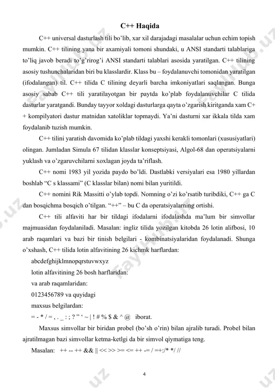 20 10 bu yerda x= ∑ai ai→a(20); y= ∑bi ; bi→b(10); i=1 i=1 massivning eng katta va eng kichik qiymatini topish qism dastur yordamida tashkil etilsin. massiv elementlarining son qiymatlari ixtiyoriy. c- tenglamalr sistemasi yechimlarining o’rtacha arifmetik qiymati. tenglamalar sistemasi gauss usulida yechilsin. 7.09c + 1.17c – 2.23c = 4.75 dastur haqida qisqacha nazariy ma’lumotlar. ko’rib turganingizdek, oldimizga qo’yilgan masalada bizdan so’ralayotgan ‘z’ soni x va y ning bir biriga munosabati tufayli 2 hil bo’lishi kumkin. demak biz avvalo if sturkturasiga alohida to’xtalishimiz shart. if strukturasi biz shartga ko’ra bir necha harakat yo’lidan bittasini tanlaymiz. misol uchun: agar bolaning yoshi 7 ga teng yoki katta bo’lsa u maktabga borishi mumkin bo’lsin. buni c++ da if ni qo’llab yozaylik. if (yosh >= 7) maktab bu yerda shart bajarilishi yoki bajarilmasligi mumkin. agar yosh o’zgaruvchisi 7 ga teng yoki undan katta bo’lsa shart bajariladi va maktab funksiyasi chaqiriladi. bu holat true (to’g’ri) …
