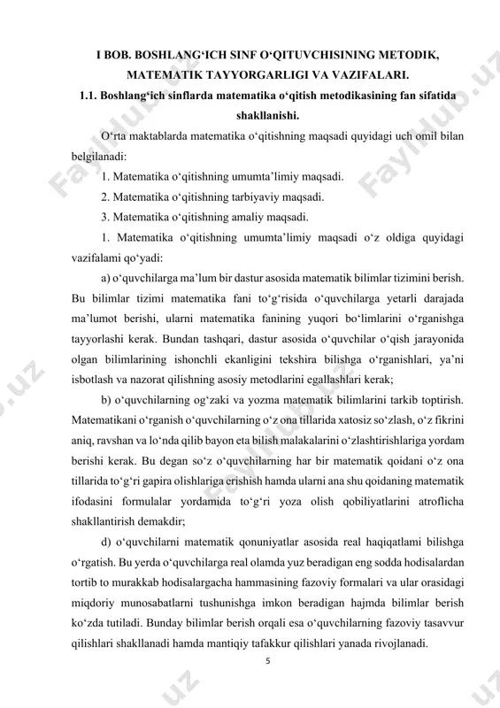 arni qo‘yadi: a) o‘quvchilarda ilmiy dunyoqarashni shakllantirish. bu g‘oya bilish nazariyasi asosida amalga oshiriladi; b) o‘quvchilarda matematikani o‘rganishga bo‘lgan qiziqishlarni tarbiyalash. ma’lumki, matematika darslarida o‘quvchilar o‘qishning dastlabki kunlaridanoq mustaqil ravishda xulosa chiqarishga o‘rganadilar. ular avvalo kuzatishlar natijasida, so‘ngra esa mantiqiy tafakkur qilish natijasida xulosa chiqaradilar. ana shu chiqarilgan xulosalar matematik qonuniyatlar bilan tasdiqlanadi. matematika o‘qituvchisining vazifasi o‘quvchilarda mustaqil mantiqiy fikrlash qobiliyatlarini shakllantirish bilan birga ularda matematikaning qonuniyatlarini o‘rganishga bo‘lgan qiziqishlarini tarbiyalashdan iboratdir; d) o‘quvchilarda matematik tafakkurni va matematik madaniyatni shakllantirish. matematika darslarida o‘rganiladigan har bir matematik xulosa qat’iylikni talab qiladi, bu esa o‘z navbatida juda ko‘p matematik tushuncha va qonuniyatlar bilan ifodalanadi. o‘quvchilar ana shu qonuniyatlarni bosqichma-bosqich o‘rganishlari davomida ularning mantiqiy tafakkur qilishlari rivojlanadi, matematik xulosa chiqarish madaniyatlari shakllanadi. o‘quvchilarni biror m atem atik qonuniyatni ifoda qilm oqchi bo‘lgan fikrlarni simvolik tilda to‘g‘ri ifodalay olishlari va aksincha simvolik tilda ifoda qilingan matematik qonuniyatni o‘z ona tillarida ifoda qila olishlariga o‘rgatish …