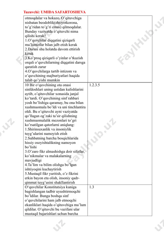 mustaqil bajarishlari uchun barcha shart sharoitlarni yaratib berdi. shunda o‘qituvchi tarbiyaviy faoliyat turning qaysi yo‘nalishini amalga oshirgan hisoblanadi 1.oquvchilarning o’zini o’zi bshqarish organlari faoliyatini tashkil qilishda yordam berish va qo’llab quvvatlash 2.o’quvchilarga zamonaviy ommaviy axborot vositalari dunyosida havfsiz ishlashga yordam berish 3.o’quvchilarda kognitiv faollik, mustaqilllik, tashabbuskorlik, fuqarolik pozitiyasi madaniyatini rivojlantirish 4.o’quvchilarda fuqarolik kompetensiyalari va media savodxonligini shakllantirish 1.3 5-7-sinflarni o`qitayotgan pedagog boshlangich fan o`qituvchisi betob bo`lib qolgani sabali 2- sinflarga dars o`tishi kerakligi aytildi. bunda o`qituvchi nimalarga e`tibor berishi kerak yosh darajasiga tayyorlanishi ota-onalar yig’ilishida o’qituvchi bir onaga bolasi ustidan shikoyat qildi, natijada ota-ona va o’qituvchi o’rtasida janjal kelib chiqdi. jahli chiqqan ota-ona farzandini boshqa maktabga olib ketdi. o’qituvchi xato qilgan tushundi. mazkur holatda o’qituvchida qanday refleksiya turi shakllanmagan? shaxsiy refliksiya o`qituvchi bir o`quvchini darsni chala chulpa qilib bekinib rasm chizayotganioni ko`rib qoldi. darsdan so`ng rasm ustozini oldiga olib bordi, to`garagiga qo`shib qo`yishini so`radi bunda o`qituvchini qaysi qobiliyati haqida so`z …