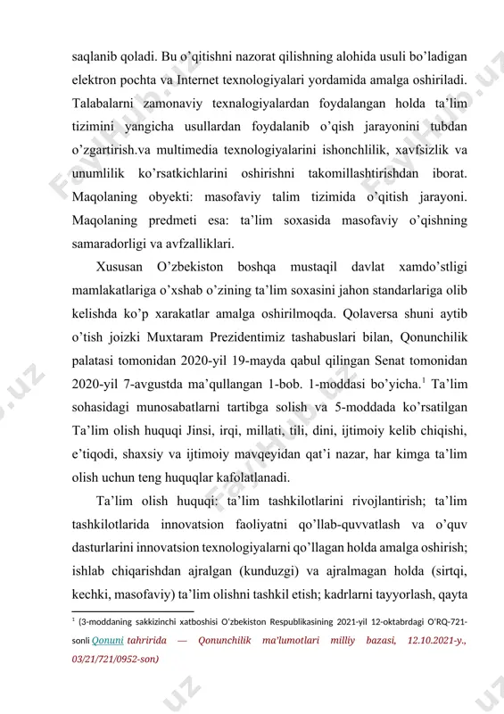 ki, internet tехnologiyalarining kirib kеlishi, axborot texnalogiyalarining rivojlanishi asrlar davomida o’zgarmay kelayotgan holatlarni o’zgartirib yuborishga sabab bo’ldi. shu jumladan, ta’lim sohasi rivojlanishi uchun xizmat qilmoqda. masalan: ta’lim tizimida ta’lim olishning an’anaviy shakllari o’rniga masofaviy ta’lim tizimini joriy etilishiga imkon yaratmoqda. zamonaviy texnologiyalarning rivojlanish holati birinchi navbatda jamiyatning intellektual salohiyatiga, mazmuni va sifat masalalari ustuvor yo’nalish etib belgilanmoqda. dunyoning rivojlangan va rivojlanayotgan mamlakatlarida ta’limni axborotlashtirishga alohida e’tibor qaratilmoqda. ta’limni rivojlantirish, uning samaradorligini oshirish yo’llari o’rganilmoqda. jahonda masofaviy o’qitish ochiq ta’lim tizimining muhim bo’g’ini sifatida keng qo’llanishi kuzatilmoqda. zamonaviy bilimlarga ega bo’lgan yoshlarni tayyorlash «ta’lim to’g’risida»gi qonun va «kadrlar tayyorlash milliy dasturi»dan kelib chiqadigan vazifalarning asosiy maqsadidir. bunda yuqori malakali kadrlar tayyorlash manbai – oliy ta’lim oldiga mas’uliyatli vazifalarni qo’yilmoqda. jumladan, 6 ta ta’lim tizimi tubdan isloh qilinib, davlat standartlari asosida o’quv dasturlari yangidan tuzilmoqda. bularning barchasi, o’z navbatida fanlarni o’qitish metodikalarini qaytadan qarab chiqilishini talab etadi. shu munosabat bilan barcha o’quv …