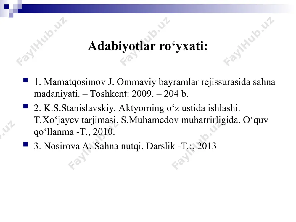 ar eshittirishlar ssenariysi va h.k. 4. sirk tomoshalari ssenariysi. 5. ommaviy bayram va tomoshalar ssenariysi. ssenariy yaratishda bo‘lajak tadbirlaming g‘oyaviy - mavzu asosini chuqur o‘ylamoq lozim. mavzu; g‘oya; maqsad; kompozitsiya; voqealar rivoji; tugun; qarama-qarshilik; kulminatsiya; final e’tiboringiz uchun rahmat!