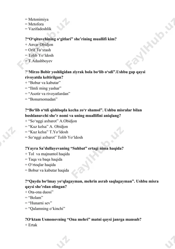 y turlarga bo‘linadi? + lab, til va bo‘g‘iz undoshlariga = lab va bo‘g‘iz undoshlariga = bo‘g‘iz va til undoshlariga = til oldi, til orqa, til o‘rta va chuqur til orqa undoshlariga ?morfemaning qanday asosiy turlari mavjud? + asos morfema va affiks morfema = grammatik va leksik ma’no beruvchi = so‘z shaklidagi va affiks shaklidagi = allomorf va grammatik morfema ?metonimiya hodisasi nimani taqozo etadi? + ikki predmetning doimiy ravishda birgalikda qo‘llanishiga asoslangan ma’no ko‘chishini = predmetlarning tashqi belgilariga asoslangan ma’no ko‘chishini = predmet ma’nosining vasifasiga ko‘ra ko‘chishini = ma’noning butun va qismga asoslanib ko‘chishini ?sinekdoxa hodisasida so‘z ma’nosining ko‘chishi nimaga asoslanadi? + butun va qism tushunchalariga = predmetlar o‘rtasidagi tashqi belgilarning o‘xshashligiga = predmetlar bajaradigan vazifalarning mushtarakligiga = predmetlarning mudom yonma-yon qo‘llanishiga ?piktografik yozuv nimalarga asoslanadi? + piktogrammalarga asoslanadi = ideogrammalarga asoslanadi = logogrammalarga asoslanadi = iyerogliflarga asoslanadi ?yozuvning qaysi turi yunoncha «muqaddas yozuv» degan ma’noni anglatadi? + iyeroglifik = …