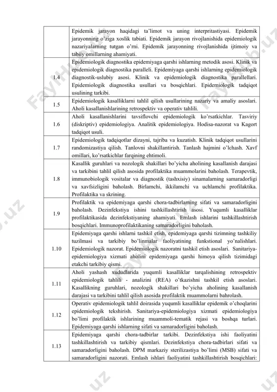 ish bo’yicha davlat komissiyasi tomonidan tasdiqlanadi. 4. test topshirilari yordamida tekshiriladigan fan mazmuni tarkibi kodi tekshiriladigan fan mazmuni tarkibi 1.1 epidemiologiya fan sifatida epidemiologiya fani haqida tushuncha va uning zamonaviy tibbiyot fanlari tizimida tutgan o’rni, fanning ilmiy-tadqiqot metodlari. epidemiologiya fanining rivojlanish tarixi. olimlarning epidemiologiya fani rivojiga qo’shgan hissalari. 1.2 epidemiologiya haqida asosiy tushunchalar zamonaviy tibbiyot va sog’liqni saqlashning dolzarb muammolari. epidemiologiyaga tizimli yondoshish. epidemik jarayonning ijtimoiy-ekologik konstepstiyasi. 1.3 umumiy epidemiologiya epidemik jarayon haqidagi ta’limot va uning interpritastiyasi. epidemik jarayonning o’ziga xoslik tabiati. epidemik jarayon rivojlanishida epidemiologik nazariyalarning tutgan o’rni. epidemik jarayonning rivojlanishida ijtimoiy va tabiiy omillarning ahamiyati. 1.4 epidemiologik diagnostika epidemiyaga qarshi ishlarning metodik asosi. klinik va epidemiologik diagnostika paralleli. epidemiyaga qarshi ishlarning epidemiologik diagnostik-uslubiy asosi. klinik va epidemiologik diagnostika parallellari. epidemiologik diagnostika usullari va bosqichlari. epidemiologik tadqiqot usulining tarkibi. 1.5 epidemiologik kasalliklarni tahlil qilish usullarining nazariy va amaliy asoslari. aholi kasallanishlarining retrospektiv va operativ tahlili. 1.6 aholi kasallanishlarini tavsiflovchi …