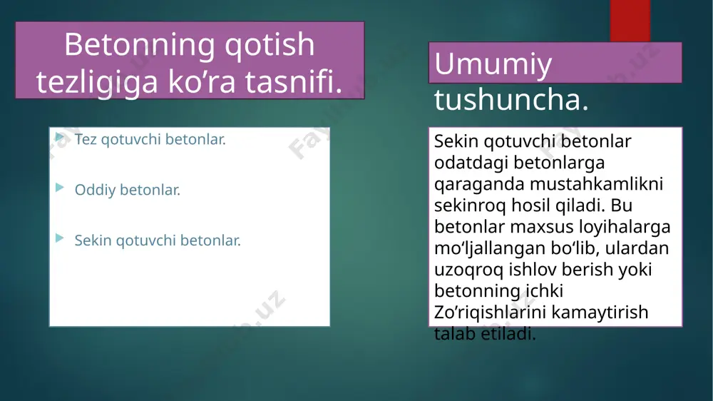 ning reaktivligi sekinroq bo‘lib, gidratatsiya jarayoni cho‘ziladi. kam issiqlik ajratadi, yorilish xavfini kamaytiradi. yaxshi suv va sulfatga chidamlilikka ega. 2. kam issiqlik ajratuvchi portlandsement. tarkibida uchkaltsiyli silikat (c₃s) miqdori kam, dikaltsiyli silikat (c₂s) esa ko‘p bo‘ladi. gidratatsiya issiqligi juda past bo‘lib, massiv konstruksiyalarda afzal hisoblanadi. 3. aralash sementlar (kompozit sementlar) sement tarkibiga uchuvchi kul, shlak, mikrosilikat qo‘shiladi. bu qo‘shimchalar qotishni sekinlashtiradi va uzoq muddatli mustahkamlikni oshiradi. 4. sulfatga chidamli sementlar (agar maxsus sharoit talab etsa) odatda sekin qotuvchi xususiyatga ega emas, lekin mineralli qo‘shimchalar bilan birgalikda ishlatilganda sekin qotishi mumkin. ayniqsa, suv osti yoki agressiv muhitda ishlatiladi. sekin qotuvchi betonning kelib chiqishi. sekin qotuvchi beton aniq bir shaxs tomonidan ixtiro qilingan emas, balki beton texnologiyasining evolyutsion rivojlanishi natijasida yuzaga kelgan. ammo uning asosiy tamoyillari va kimyoviy sekinlashtiruvchi qo‘shimchalarni qo‘llash g‘oyasi 20-asr o‘rtalarida ilmiy tadqiqotlar orqali shakllana boshlagan. kimlar hissa qo‘shgan? fritz leonhardt (germaniya) – ko‘prik qurilishida beton texnologiyasini ilgari surgan. …