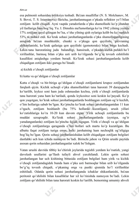 o’pka sohasi barmoqlar bilan urib ko’rilganda bo’g’iq ovoz eshitilmasligi ham mumkin. tana harorati keskin oshmasdan, ba'zan subfebril bo’ladi. o’pka rentgenda ko’rilgandan so’ng kasallik aniqlanadi. tana harorati ko’tarilishi jarohat hisobiga ham bo’lishi mumkin. qon tarkibini o’rganish zotiljamni aniqlashda har doim ham yordam bermaydi. chunki jarohatlanish oqibatida qonda leykositlar soni oshib, eritrositlarning chukish tezligi oshadi, leykogramma chapga suriladi. jaxon urushi yillaridagi bosh jarohatlanishidan kelib chiquvchi zotiljam bilan og’rigan bemorlarning ko’pchiligi sog’ayib ketishgan. yuz va jag’ sohasidagi jarohatlar tufayli paydo bo’lgan zotiljamlar og’ir kechib, yaralanishdan so’ng 5-7 kun o’tgach boshlangan. klinik belgilari aniq namoyon bo’lgani uchun tashxis oson qo’yilgan. kasallik boshlanishida tana harorati juda ko’tarilib, yo’tal paydo bo’ladi. bemor yo’talganida shilliq yiringli balg’am ajraladi. yo’talganda jarohatda og’riq turishi sababli, bemor yo’talni bosishga intiladi. qon tarkibida leykositlar oshib, eritrositlar chukish tezligi ko’tariladi. leykogramma chapga suriladi. zotiljam cho’zilib, plevralar yiringlashidan noxush asorat berishi mumkin. urush yillari yuz va jag’ jarohatlanishidan kelib chiquvchi zotiljamlar oqibati hamisha …