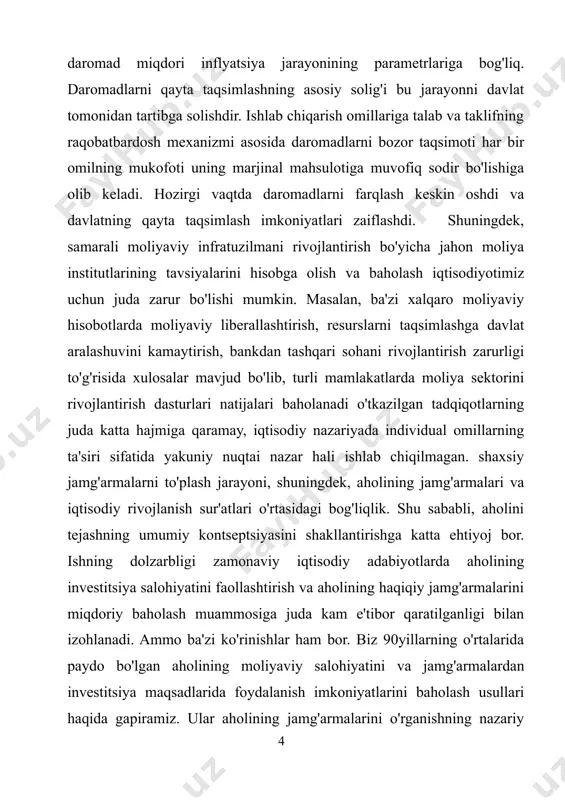 . g. uy xo'jaliklarini iste'mol qilish va tejash, uy xo'jaliklarida iste'mol va tejash dinamikasini ochib beradi. i.bob. iqtisodiyotda tejash va ularni tahlil qilish 1.1.iqtisodiyotda tejashning roli 1998 yil avgust oyida yuz bergan inqirozdan so'ng investitsiyalarga juda muhtoj bo'lgan rossiya iqtisodiyoti yangi, ichki moliyalashtirish manbalarini topish muammosiga duch keldi. tashqi va ichki qarzlar bo'yicha defolt, g'arb investorlarining to'liq ishonchsizligi va davlat qimmatli qog'ozlari bozorining qulashi sharoitida hukumat yana jismoniy shaxslar yoki oilalarning pul daromadlarining foydalanilmagan qismi bo'lgan kreditlarning sinovdan o'tgan manbasiga – aholining jamg'armalariga murojaat qildi. kechiktirilgan iste'mol sifatida to'plangan pul aktivlari miqdori davlatning investitsiya salohiyatini shakllantiradi va uni iqtisodiyotga investitsiyalar sifatida faol jalb qilish mamlakatning iqtisodiy o'sishini ta'minlashning asosiy shartlaridan biridir. aholining moliyaviy aktivlarining asosiy tarkibiy qismlari: banklardagi omonatlar va depozitlar (rubl va valyutada), aholining qimmatli qog'ozlarga investitsiyalari, aholining naqd va xorijiy valyutadagi zaxiralari, aholining sug'urta mukofotlari zaxiralari. ko'pgina ekspertlarning fikriga ko'ra, rossiya iqtisodiyoti katta salohiyatga ega. shunday qilib, aholining …