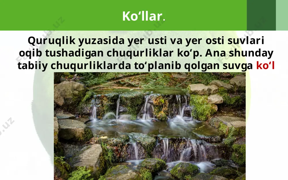 lan qoplangan. muzning qalinligi esa 4 ming metrga yetadi. muzliklar ham asta-sekin siljib borib, dengiz va okeanlar bo‘yiga kelib qoladi. bunda muzlik yorilib, bo‘linib, suvga tushadi va suvda suzib yuruvchi katta muz tog‘larini hosil qiladi. bular aysberglar deyiladi (gollandcha «iys» — muz, nemischa «berg» — tog‘ degan ma’nolarni bildiradi). materik muzligi aysberg aysberg 49-rasm. aysberglar materik muzligidan uzilib tushib hosil bo‘ladi. antarktida qirg‘oqlari yonida kuzatilgan ulkan bir aysbergning uzunligi 170 km, eni 45 km va qalinligi 200 m bo‘lgan. aysbergning katta qismi suv tagida bo‘ladi. aysberglar dengiz va okeanlardagi kemalar qatnovi uchun juda xavfli. savol va topshiriqlar: 1. ko‘l deb nimaga aytiladi? dunyodagi yirik ko‘llardan qaysilarini bilasiz? 2. ko‘llarning qanday turlarini bilasiz? 3. muzliklar qanday hosil bo‘ladi? 4. qor chizig‘i nima? 5. aysberglar nima? ular qanday hosil bo‘ladi? image2.jpg image3.jpeg image4.jpeg image5.jpeg image6.jpg image7.jpeg image8.jpeg image9.jpeg image10.jpeg image11.jpeg image12.jpg image13.emf image14.jpeg image15.emf image16.jpeg image1.jpg