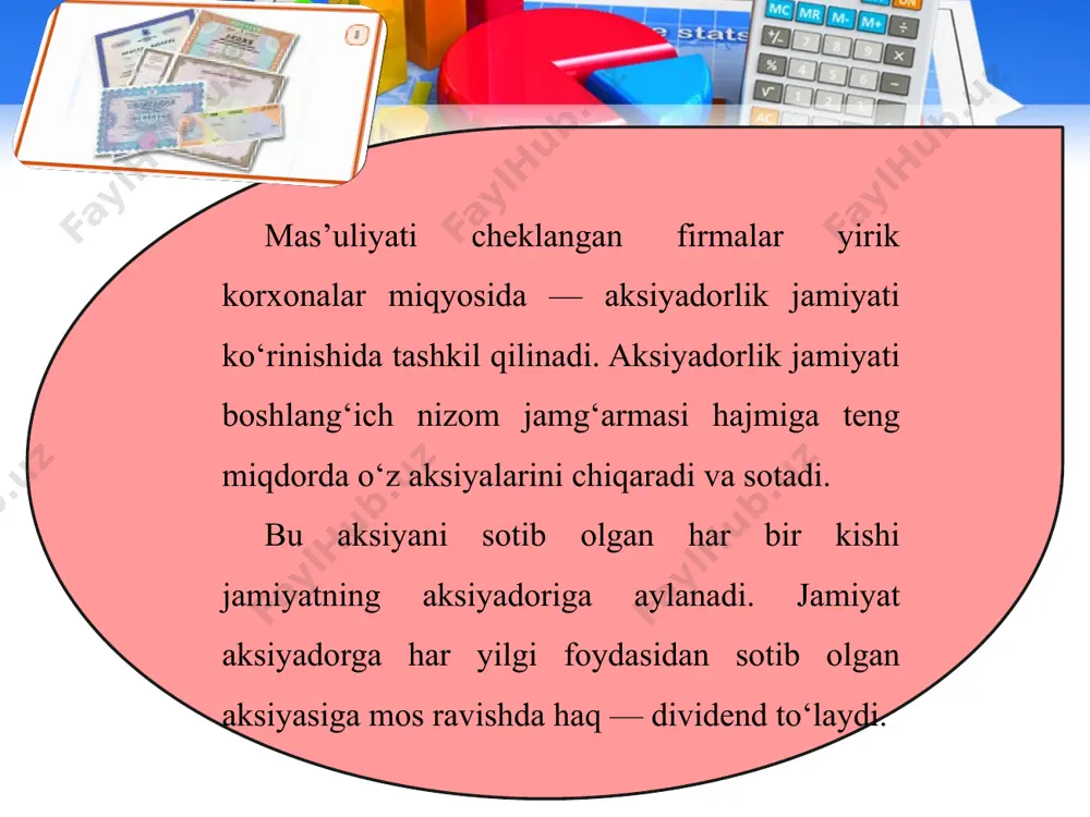 firma foydasidan ma’lum daromad olish huquqini beruvchi hujjat — qimmatbaho qog‘oz. ochiq turdagi aksiyadorlik jamiyati — aksiyalari istalgan shaxsga sotiladigan jamiyat. yopiq turdagi aksiyadorlik jamiyati — aksiyalari faqat oldindan belgilab qo‘yilgan shaxslar guruhiga sotiladigan jamiyat. aksiyalar ikki xil — oddiy va imtiyozli bo‘ladi. oddiy aksiyalar ulardan keladigan daromad—dividendni kafolatlamaydi. lekin aksiyadorlik jamiyati umumiy majlisida ovoz berish huquqini, ya’ni boshqaruvda qatnashish huquqini beradi. imtiyozli aksiyalar esa ulardan keladigan har yilgi dividendni aksiya narxining ma’lum foizi miqdorida kafolatlaydi. imtiyozli aksiya egasi aksiyadorlar jamiyatini boshqarishda qatnasha olmaydi, chunki u aksiyadorlar umumiy majlisida ovozga ega bo‘lmaydi. aksiyadorlik jamiyati faoliyati bilan bog‘liq muhim masalalarni aksiyadorlarning umumiy majlisida saylanadigan direktorlar kengashi hal qiladi. jamiyatni boshqarish esa yollangan menejerlar tomonidan amalga oshiriladi. aksiya — qimmatli qog‘oz bo‘lib, uning ustiga bahosi — nominal qiymati yozib qo‘yilgan bo‘ladi. aksiyani aksiyador boshqa kishiga sotishi yoki hadya qilishi mumkin. odatda, aksiyalar fond birjalarida sotiladi va sotib olinadi. aksiyadan uning egasiga kelayotgan …