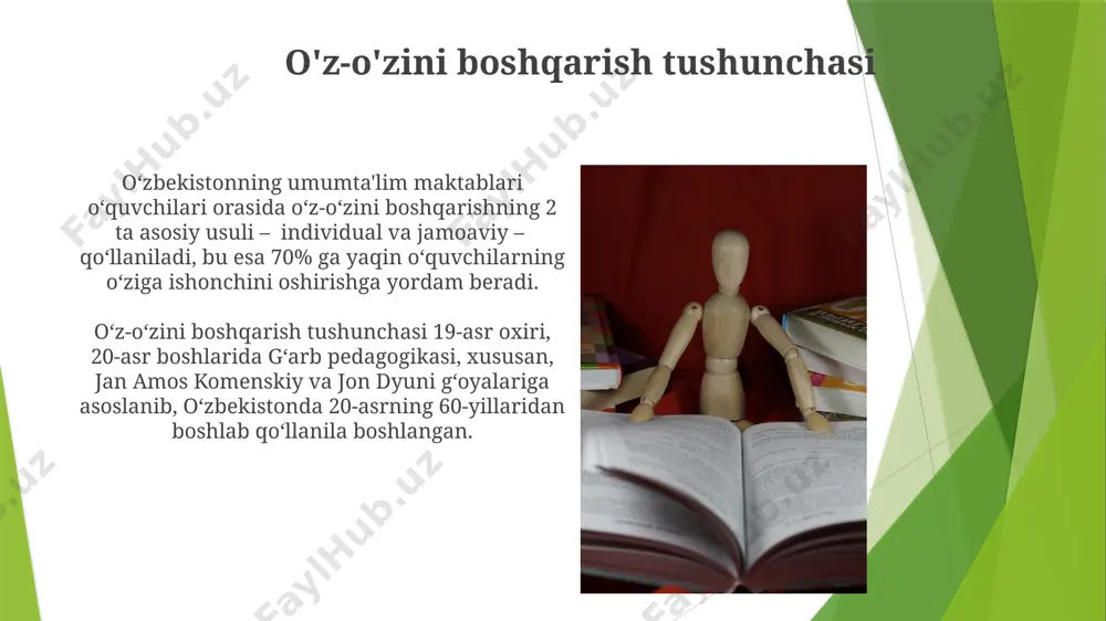 qtni boshqarish ko'nikmalarini talab qiladi. o'zbekistondagi 2023-yilgi ta'lim islohotlari o'qituvchilarga 3 soatlik o'z-o'zini rivojlantirish uchun vaqt ajratishni taklif qiladi, bu esa ularga o'z kuchli va kuchsiz tomonlarini aniqlash imkonini beradi. kelajakdagi tadqiqot yo'nalishlari pedagogikada o'z-o'zini boshqarishning samaradorligini baholash uchun kantitativ va kvalitiv usullarni birlashtirgan, 3 ta turli o'quv muhitida (shahar, qishloq, maxsus maktab) o'tkaziladigan murakkab tadqiqotlarga ehtiyoj mavjud. kelajakdagi tadqiqotlar o'quvchilarning o'z-o'zini boshqarish ko'nikmalarini rivojlantirishda 5 yoshdan 18 yoshgacha bo'lgan yosh guruhlarini taqqoslash orqali, samarqanddagi maktablarda amaliy tadqiqotlar o'tkazish yo'nalishi bo'yicha yo'naltirilishi mumkin. o'z-o'zini boshqarish va motivatsiya oʻzbekistonda oʻquvchilarning oʻz-oʻzini boshqarish va motivatsiyasini oshirishga qaratilgan 5 ta milliy dastur mavjud boʻlib, ularning samaradorligi 2024 yilda baholanadi. samarqanddagi maktablarda oʻtkazilgan soʻrovnoma natijalariga koʻra, 75% oʻquvchilar oʻz-oʻzini boshqarishga ega boʻlishni istasalar-da, buning uchun zarur boʻlgan koʻnikmalarni 30% dan kamrogʻi egallaydi. o'z-o'zini boshqarishga to'sqinlik qiluvchi omillar andijon viloyati maktablarida o'quv jarayoniga texnologiyalarni joriy etish darajasi pastligi (25% dan kam) o'quvchilarning mustaqil o'rganish va …