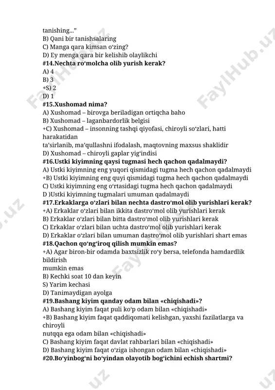 h mumkin emas? +a) agar biron-bir odamda baxtsizlik ro‘y bersa, telefonda hamdardlik bildirish mumkin emas b) kechki soat 10 dan keyin s) yarim kechasi d) tanimaydigan ayolga #19.bashang kiyim qanday odam bilan «chiqishadi»? a) bashang kiyim faqat puli ko‘p odam bilan «chiqishadi» +b) bashang kiyim faqat qaddiqomati kelishgan, yaxshi fazilatlarga va chiroyli nutqqa ega odam bilan «chiqishadi» c) bashang kiyim faqat davlat rahbarlari bilan «chiqishadi» d) bashang kiyim faqat o‘ziga ishongan odam bilan «chiqishadi» #20.bo‘yinbog‘ni bo‘yindan olayotib bog‘ichini echish shartmi? a) bo‘yinbog‘ni bo‘yindan olayotib bog‘ichini yechish shart emas b) bo‘yinbog‘ni bo‘yindan olayotib bog‘ichini yechish shart bo‘lsa kerak +sc bo‘yinbog‘ni bo‘yindan olayotib bog‘ichini yechish shart d) bo‘yinbog‘ni bo‘yindan olayotib bog‘ichini xohlasangiz yeching #21.necha xil banket turlari mavjud? +a) rasmiy banket. norasmiy banket. furshet – banket. kokteyl – banket. choyli– banket. aralash banket b) sunnat to‘y, nikoh to‘yi, gaplar, choyxonadagi oshlar c) rasmiy banket. norasmiy banket. d) kokteyl – banket. choyli– banket. …