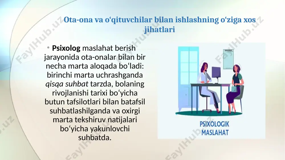 muhitga moslashtirishda samarali yondashuv hisoblanadi. italiyada birinchi marta oilaviy terapiya qo‘llanilgan. mazkur ishning asosi patriarxal rol va majburiyat hisoblangan. oila bilan ijtimoiy tizim yoki yaxlit organizm sifatida ish olib borilgan. bolada hissiyotlarning rivojlanganligi. his-tuyg‘ular hamda hatti-harakatlar orqali bolaning namoyon etayotgan munosabati nazarda tutiladi. mansublik. bolada shakllanayotgan shaxsiy individuallikka xos bo‘lgan va alohida bir butun hamda qadrli insonligini his qila olishini o‘rganadi. bolalar uyi tarbiyalanuvchilarining hayotini izga qo‘yib olishiga yordam berish mehribonlik uylarida tarbiyalangan bolalar bilan ishlaydigan psixolog va ijtimoiy xodimlar ularning ruhiy holatini doimiy kuzatib, kerakli yordamni ko‘rsatishlari lozim. bolalar uyida tarbiyalangan bolalar jamiyatga moslashishda qiyinchiliklarga duch kelishi mumkin, shuning uchun ularning ijtimoiy ko‘nikmalarini rivojlantirish zarur. bolalar uylarida va internatlarda tarbiyalanuvchilar uchun uchrashuvlar va treninglar tashkil etish ularning o‘ziga bo‘lgan ishonchini oshirishga yordam beradi. e’tiboringiz uchun tashakkur! image2.jpeg image3.jpeg image4.jpeg image5.jpeg image6.jpeg image7.jpeg image1.jpg
