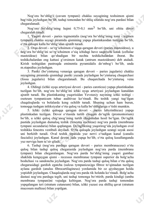 qlarning ichki (commissura medialis palpebrarum) va tashqi bitishmasini (commissura lateralis palpebrarum) hosil qiladi. yangi tug‘ilgan chaqaloqning qovoq tog‘aylari yaxshi rivojlangan bo‘ladi. uning balandligi katta odamnikining yarmiga teng bo‘lib, 5 yoshda o‘zining doimiy o‘lchamini egallaydi. qovoqning uzunligi esa 18-19 mm. kipriklar ingichka va kattalarga nisbatan ko‘p. bola tug‘ilganidan keyin uning qovoqlari yaxshi ochilib, yopilib turadi. yangi tug‘ilgan chaqaloqning ko‘z tirqishi tor, ichki burchagi buralgan bo‘ladi. keyinchalik ko‘z tirqishi tez kattalashadi. ko‘ruv o‘tkazuv yo‘li (tractus opticus) ko‘ruv sezuvchi va ko‘ruv reflektor yo‘llarga bo‘linadi. ko‘ruv sezuvchi yo‘l to‘rt neyrondan iborat. uning birinchi neyroni ko‘z olmasi to‘r pardasining tayoqchalar va kolbachalardan iborat. ularda hosil bo‘lgan nerv impul’si to‘r pardadagi ko‘ruv sezuvchi yo’lning ikkinchi neyroni bipolyar hujayralarga, ulardan esa uchinchi neyronning ganglioz hujayralariga o‘tadi. ganglioz hujayralarning o‘simtalari ko‘ruv nervini hosil qiladi. hosil bo‘lgan ko‘ruv nervi o‘z nomidagi kanal orqali ko‘z kosasidan kalla bo‘shlig‘iga kiradi. kalla bo‘shlig‘ida turk egarining oldingi chekkasida nerv tolalari qisman kesishib, ko‘ruv …