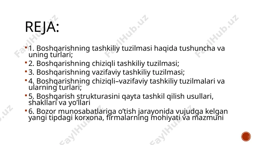 c b c c bunda: d - director a, b, c – bo’lim boshliqlari a, b, c – uchastka masterlari (ijrochilar) chiziqli tarkib boshqarish tarkibining eng sodda turi bo’lib, bunda xar bir raxbar o’ziga ishonib topshirilgan bo’linma faoliyatini yakkaboshchilik asosida boshqaradi va barcha zarur qarorlarni mustaqil ravishda qabul qiladi. ratsional byurokratiyaning xarakteristikasi: 1. qat’iy mehnat taqsimoti, har bir lavozimda yuqori malakali kadrlar paydo bo’lishiga asos bo’ladi. 2. boshqaruv darajalarining iyerarxiyaviyligi, pastki boshqaruv bo’g’ini yuqoridagi bo’g’inga bo’ysunadi. 3. xodimlarning o’z vazifalarini bajarishlarini bir turkumliligini ta’minlovchi rasmiy qoidalar va standartlarning mavjudligi. ijobiy tomonlari: bunday struktura bir-biriga zid, chalkash topshiriqlar berilish hollarini kamaytiradi; yakkaboshchilikni va shaxsiy javobgarlikni mustahkamlaydi; bu struktura oddiy, puxta va tejamlidir; bosqichlar soni kam bo’lganda boshqariluvchi ob'ekt ishiga kam kishi aralashadi; vazifalar tezkor hal etiladi butun tizim samarali ishlaydi; xodimlar faqat o’z rahbariga hisobot beradilar, natijada ijrochilik va intizom darajasi ancha oshadi. salbiy tomonlari: bunday struktura oddiy, barqaror masalalarni echishga …